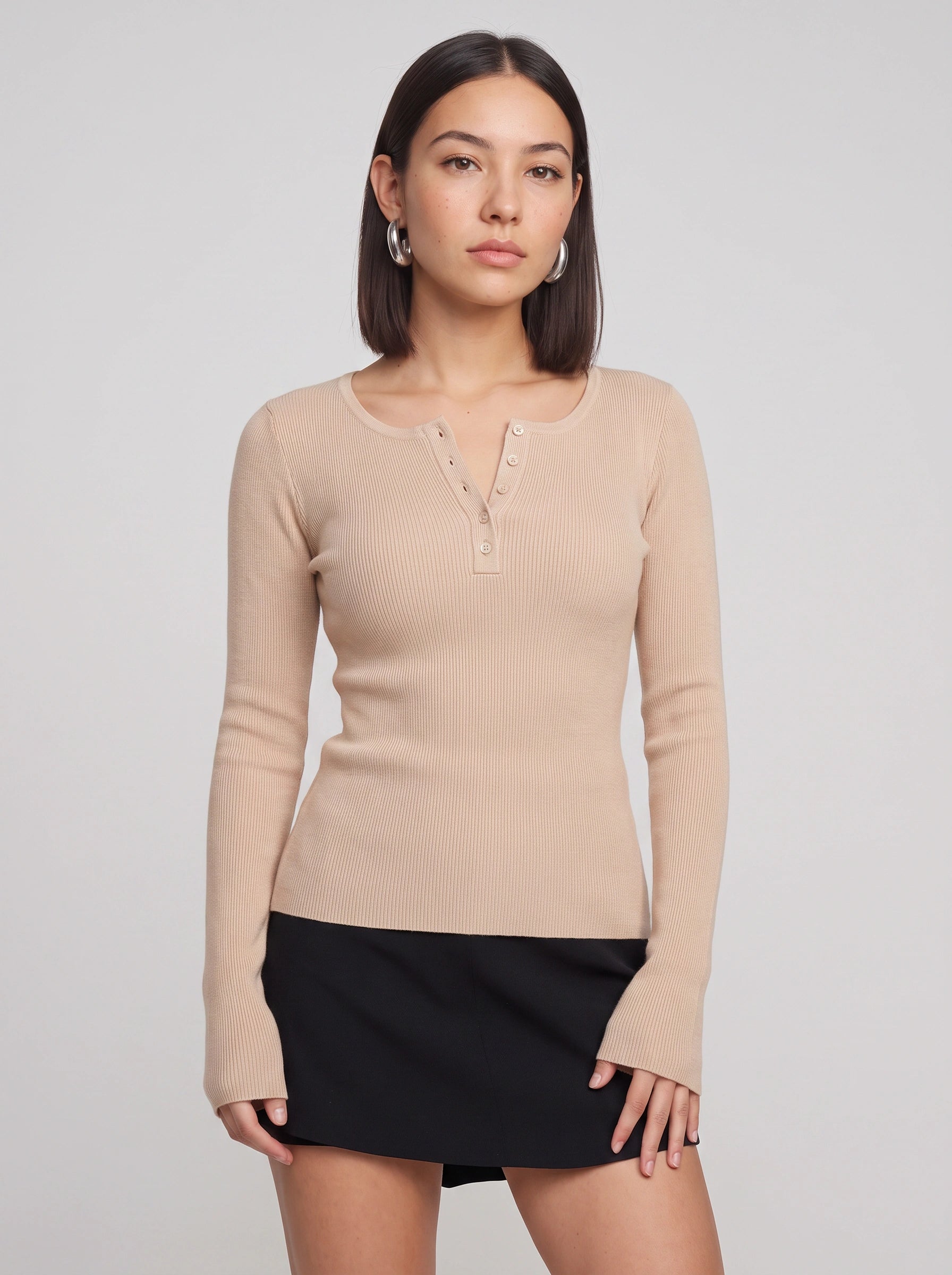 Costine Ribbed Henley Long Sleeve Top – Women Long Sleeve Blouse Casual Fitted Button Front Shirt