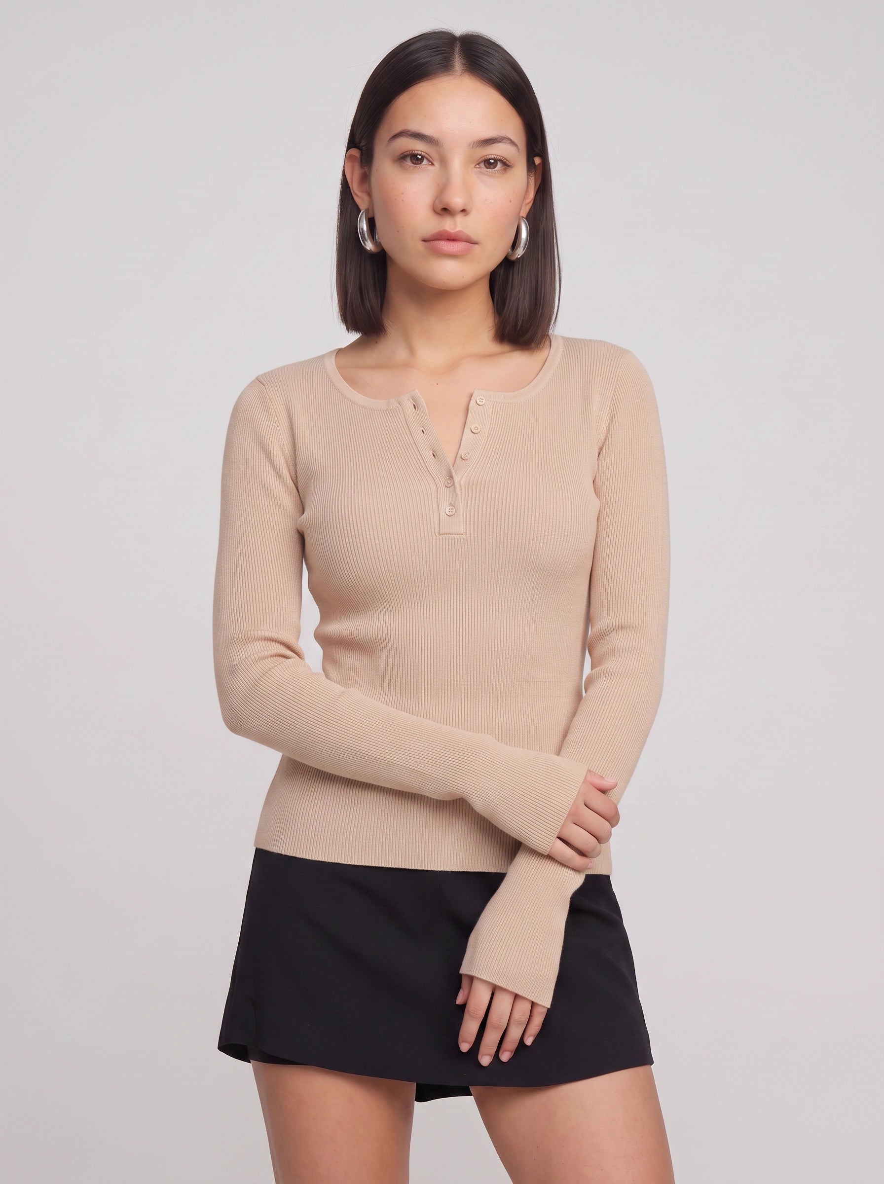 Costine Ribbed Henley Long Sleeve Top – Women Long Sleeve Blouse Casual Fitted Button Front Shirt