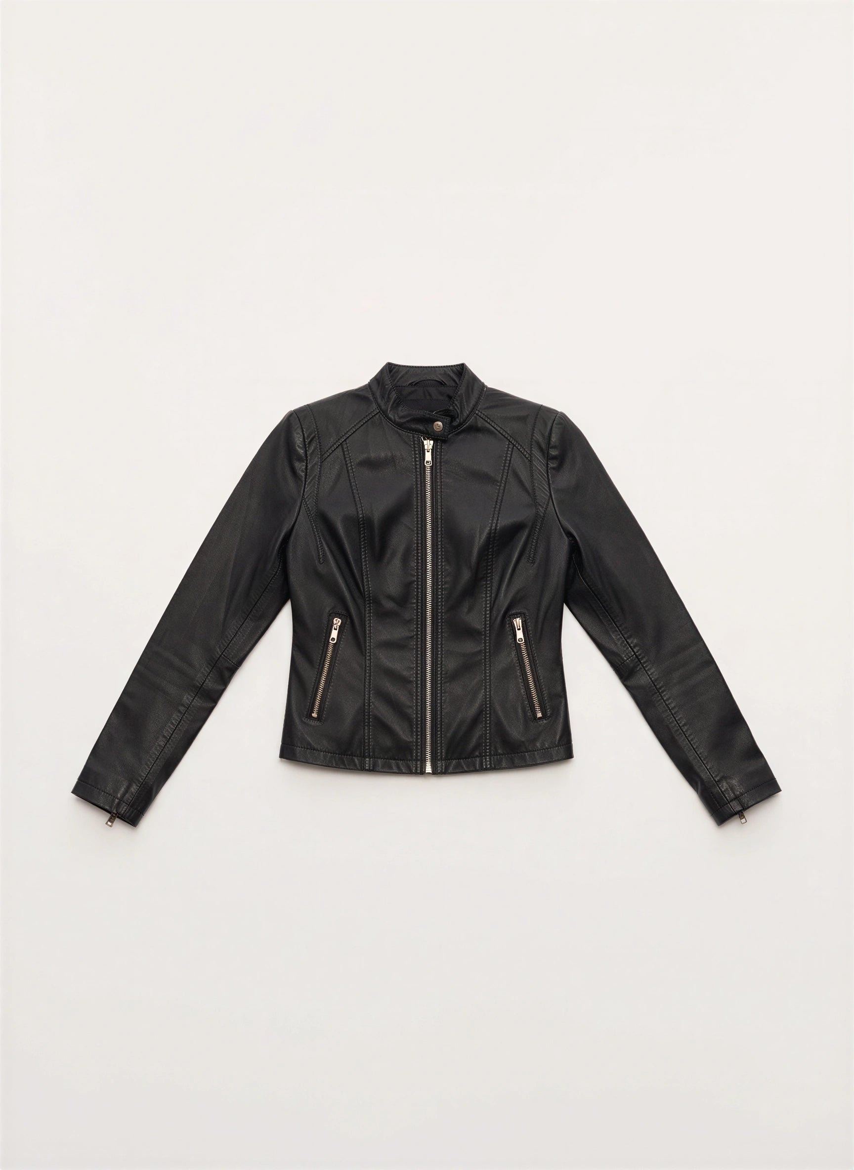 Riggia Cropped Moto Jacket – Women Biker Leather Faux Leather Zip Front Slim Fit Collarless Jacket