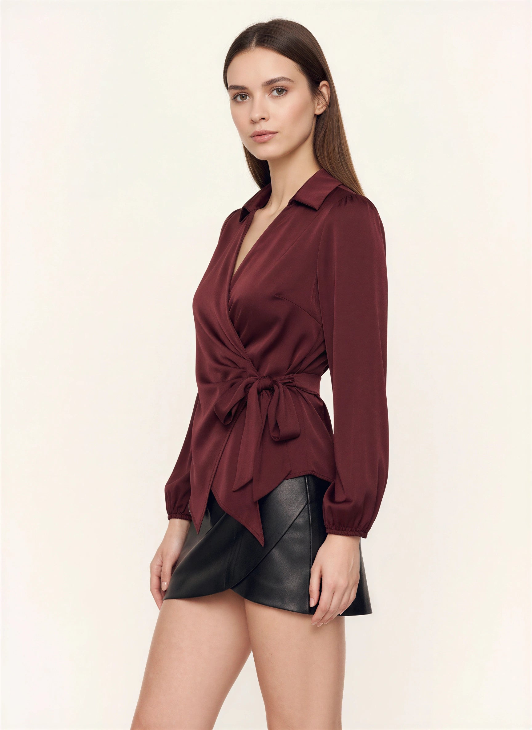 Amaranto Satin Wrap Collar Blouse – Women Long Sleeve Shirt Office Work Elegant Formal Party Top