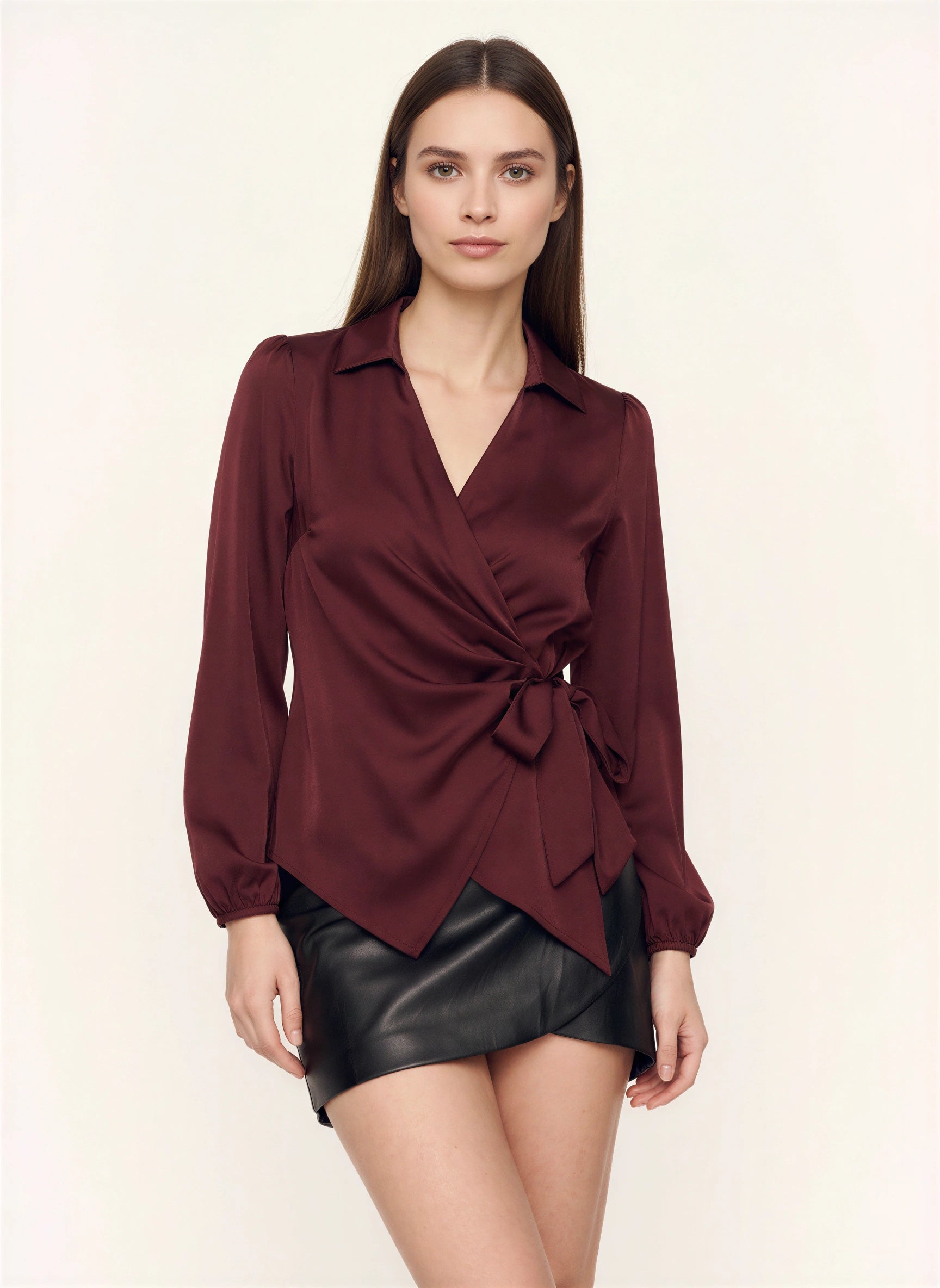 Amaranto Satin Wrap Collar Blouse – Women Long Sleeve Shirt Office Work Elegant Formal Party Top