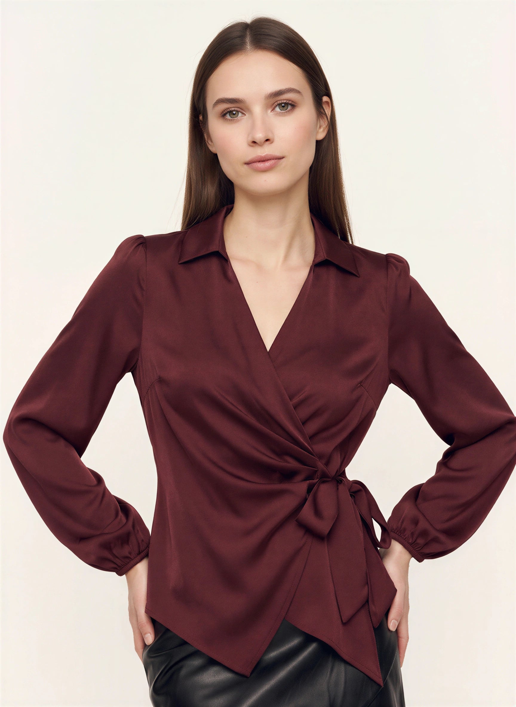 Amaranto Satin Wrap Collar Blouse – Women Long Sleeve Shirt Office Work Elegant Formal Party Top