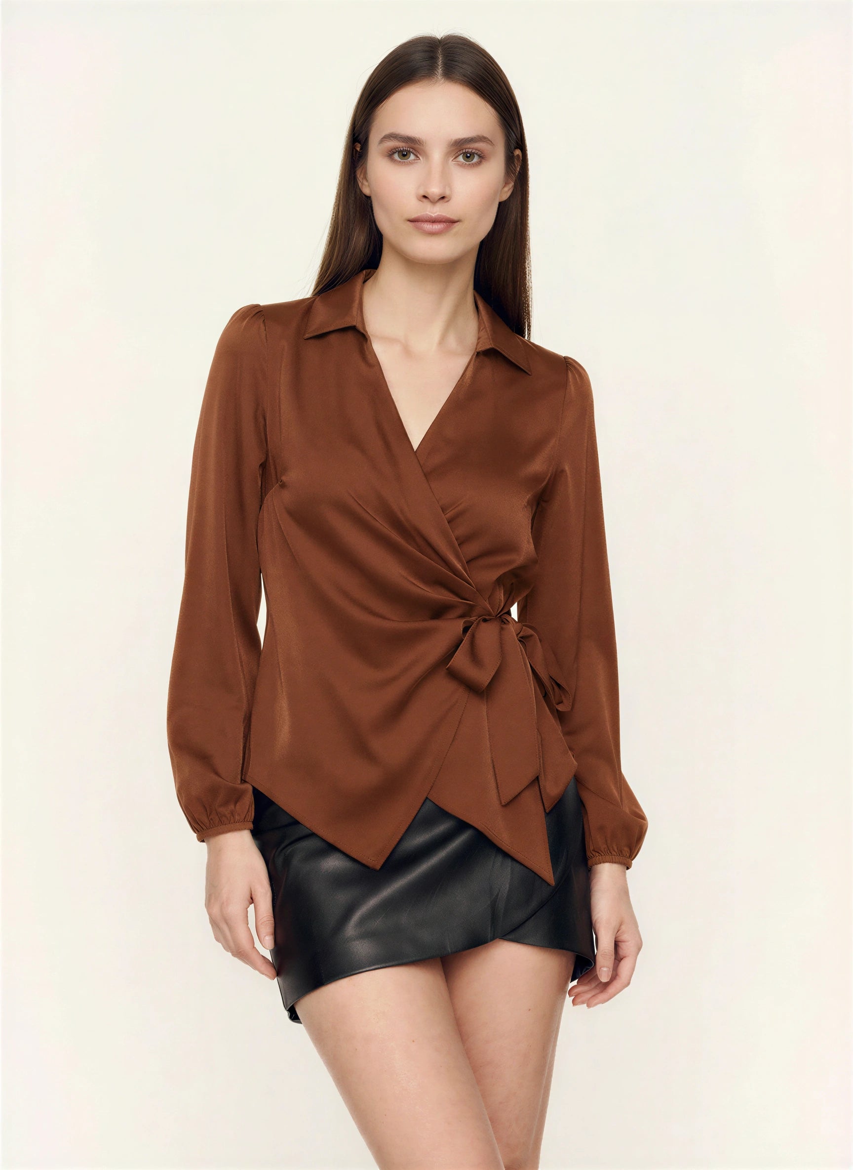 Amaranto Satin Wrap Collar Blouse – Women Long Sleeve Shirt Office Work Elegant Formal Party Top