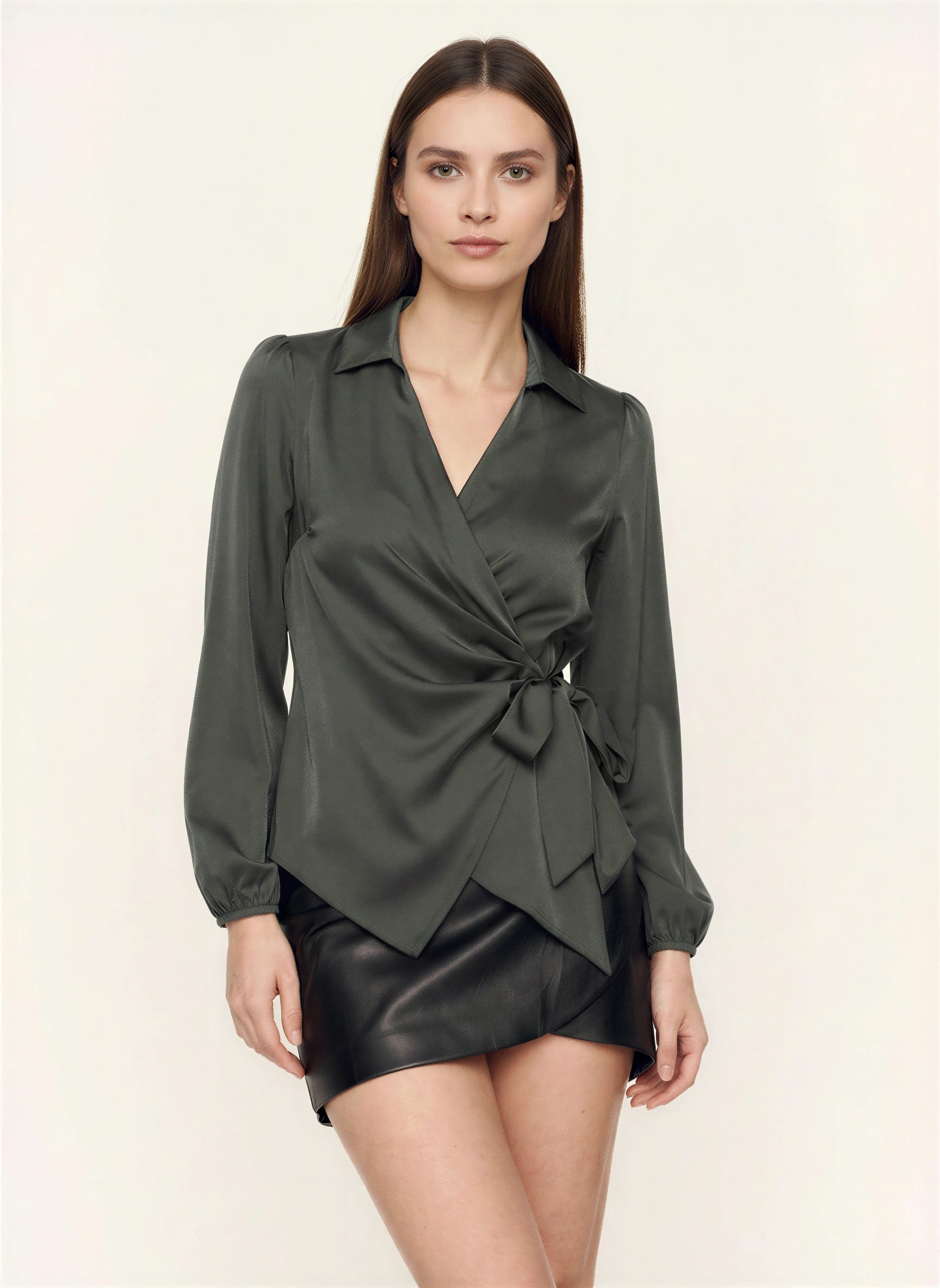 Amaranto Satin Wrap Collar Blouse – Women Long Sleeve Shirt Office Work Elegant Formal Party Top