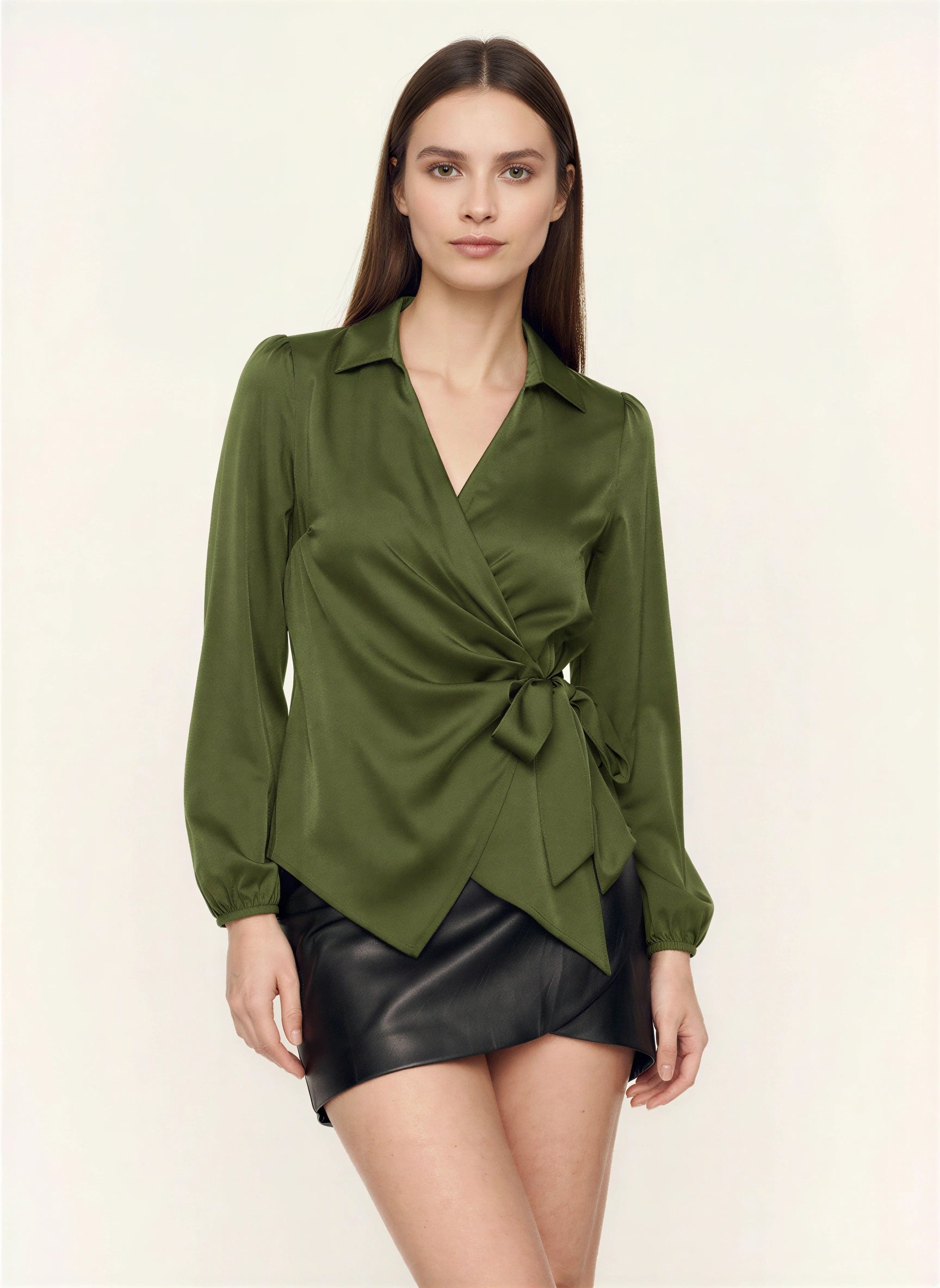 Amaranto Satin Wrap Collar Blouse – Women Long Sleeve Shirt Office Work Elegant Formal Party Top