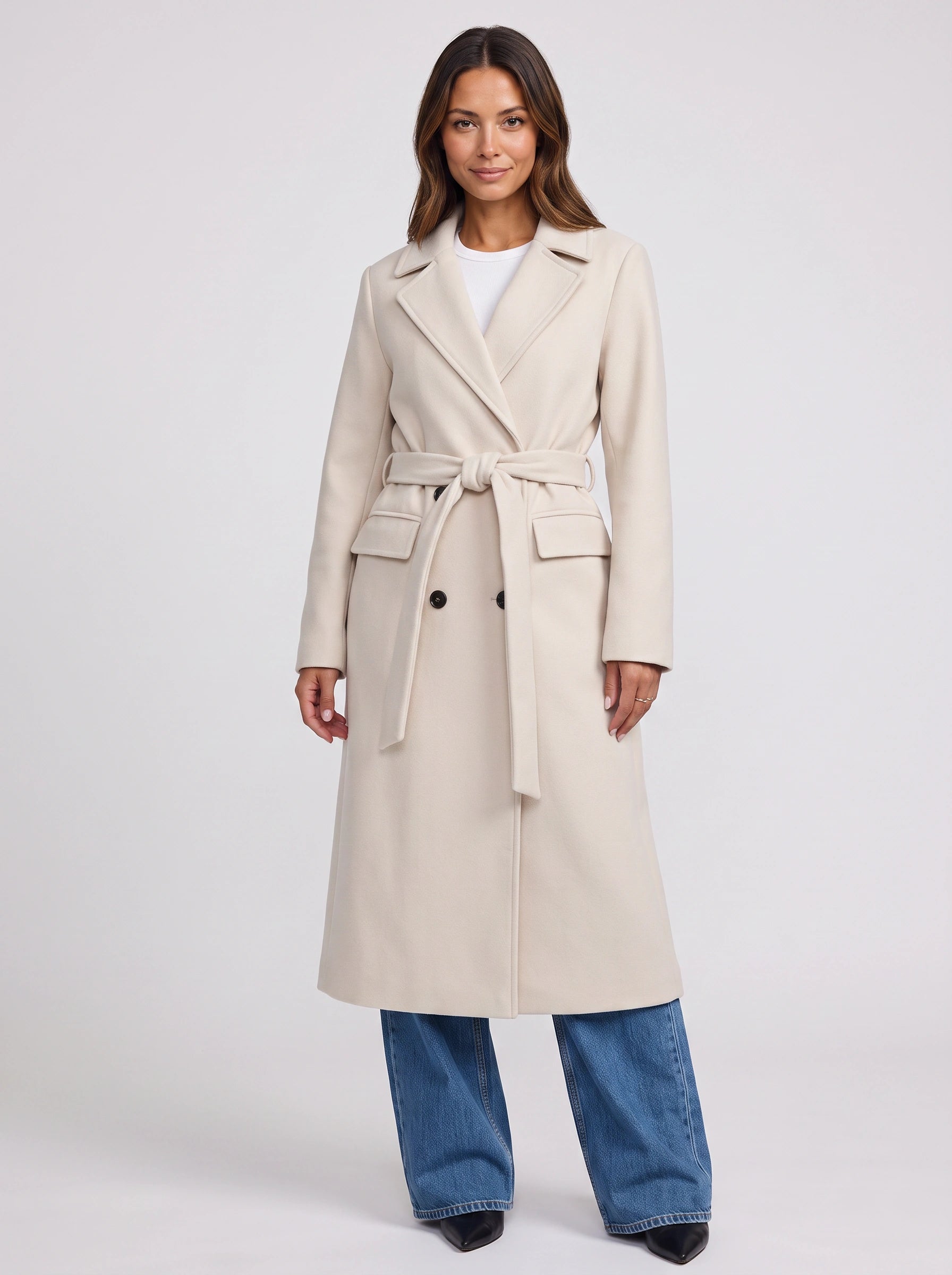 Cintara Double-Breasted Longline Trench Coat – Women Belted Mid Length Tall Outerwear Office Formal Trench Coat