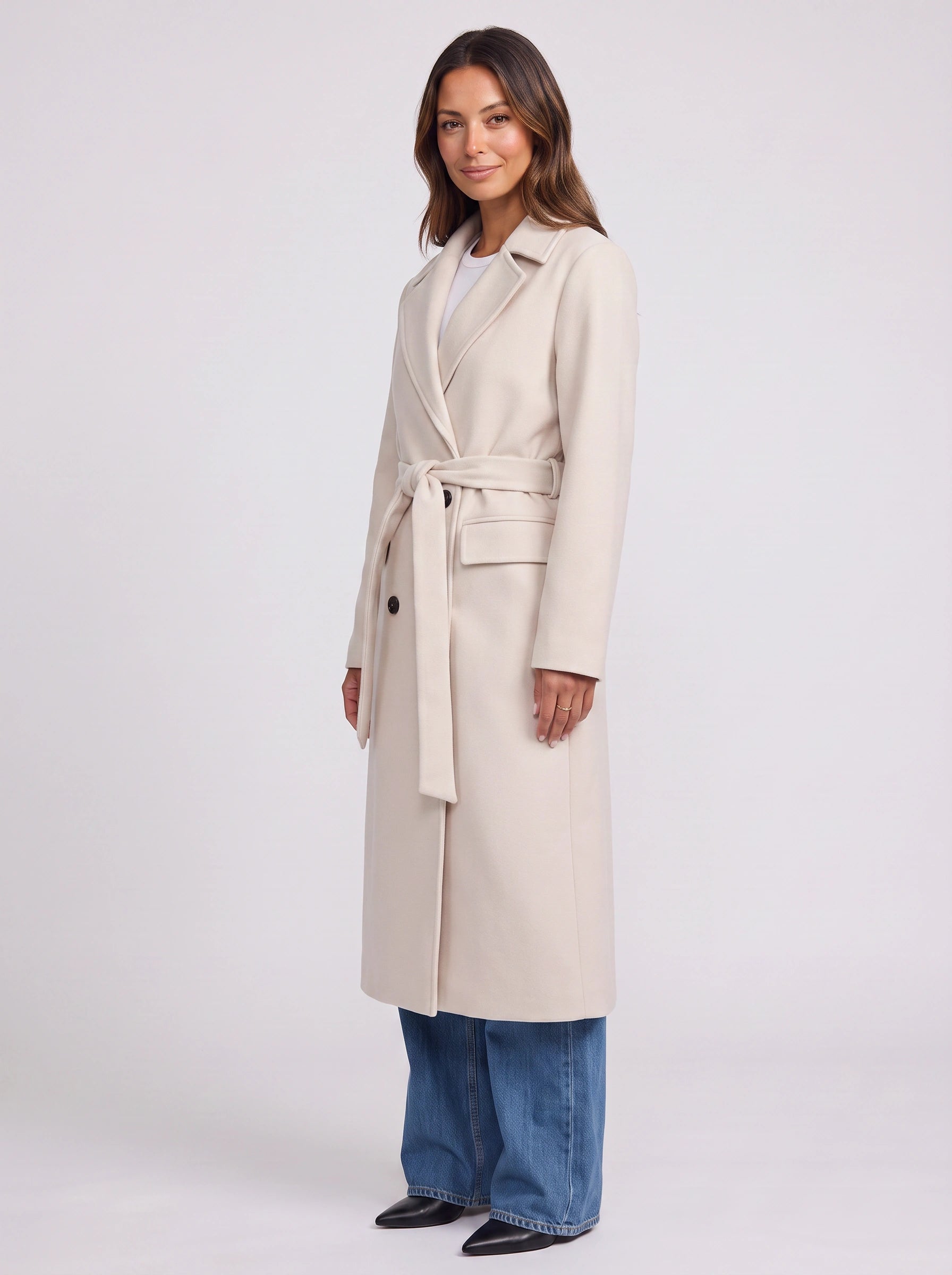 Cintara Double-Breasted Longline Trench Coat – Women Belted Mid Length Tall Outerwear Office Formal Trench Coat