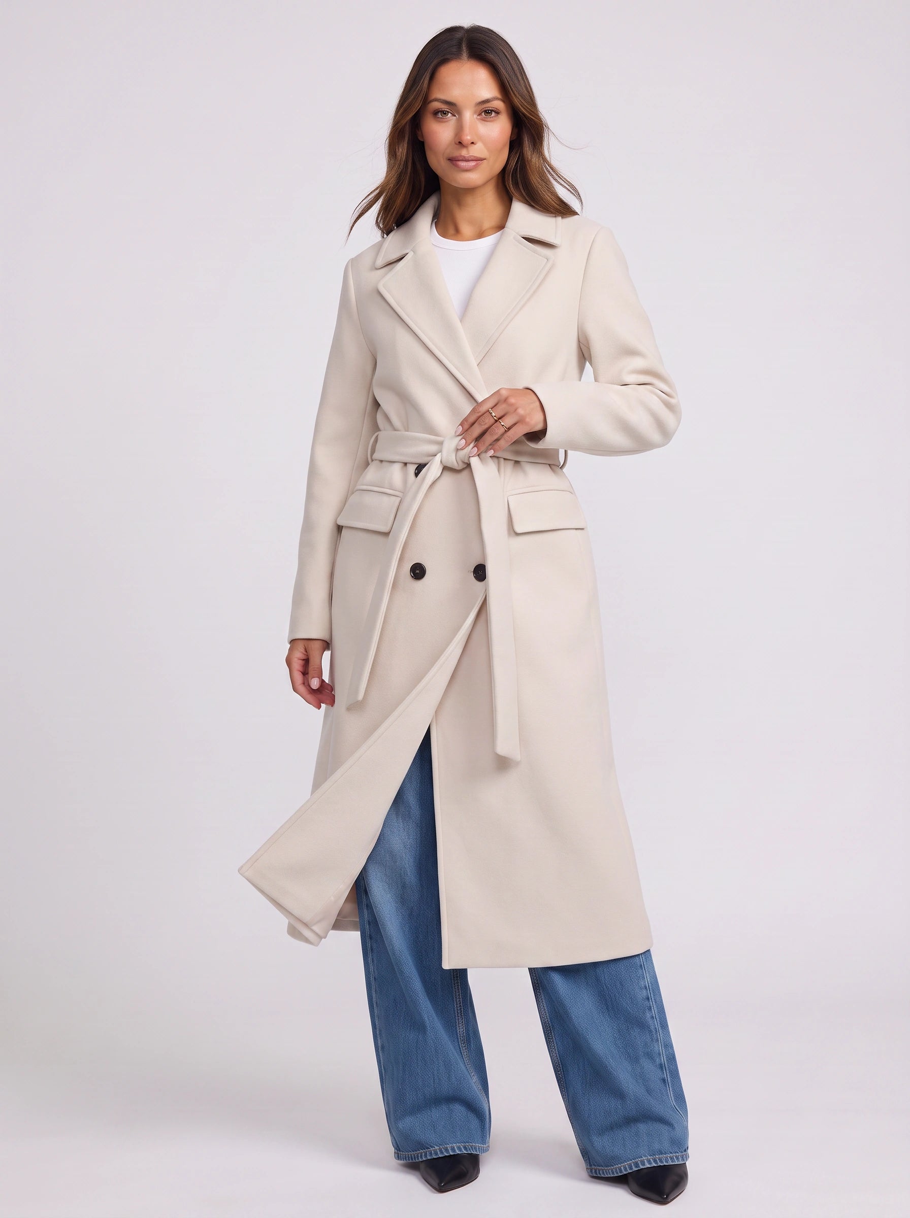 Cintara Double-Breasted Longline Trench Coat – Women Belted Mid Length Tall Outerwear Office Formal Trench Coat