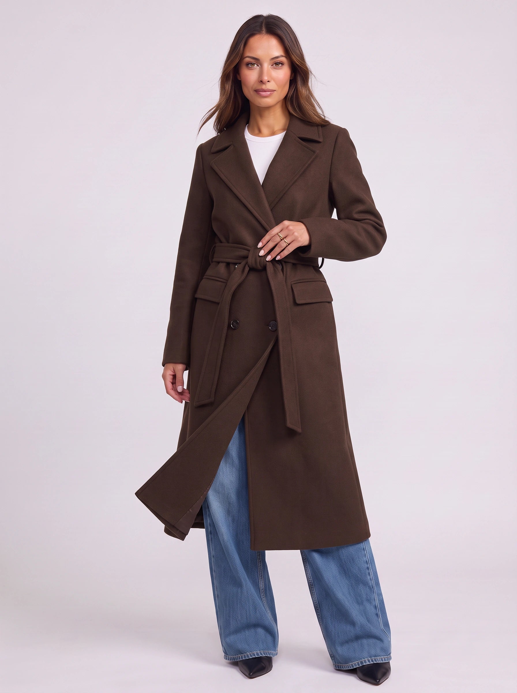 Cintara Double-Breasted Longline Trench Coat – Women Belted Mid Length Tall Outerwear Office Formal Trench Coat