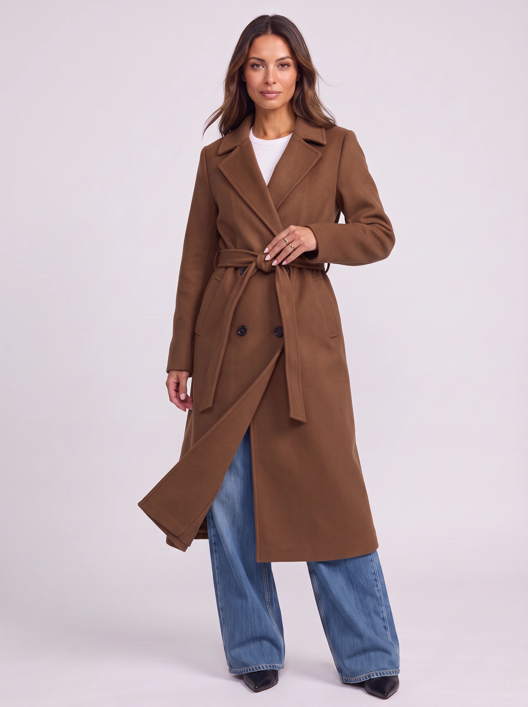 Cintara Double-Breasted Longline Trench Coat – Women Belted Mid Length Tall Outerwear Office Formal Trench Coat