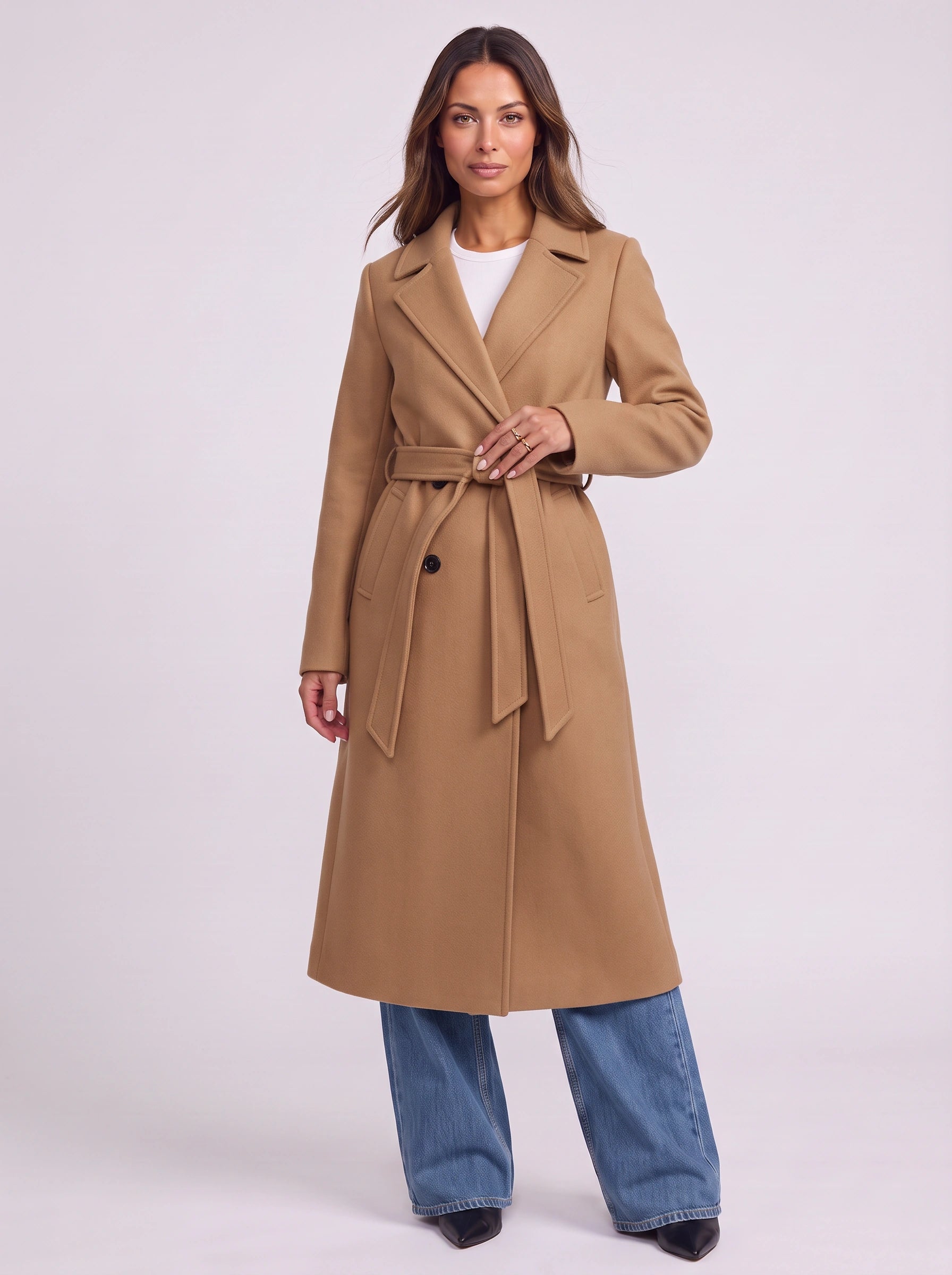 Cintara Double-Breasted Longline Trench Coat – Women Belted Mid Length Tall Outerwear Office Formal Trench Coat