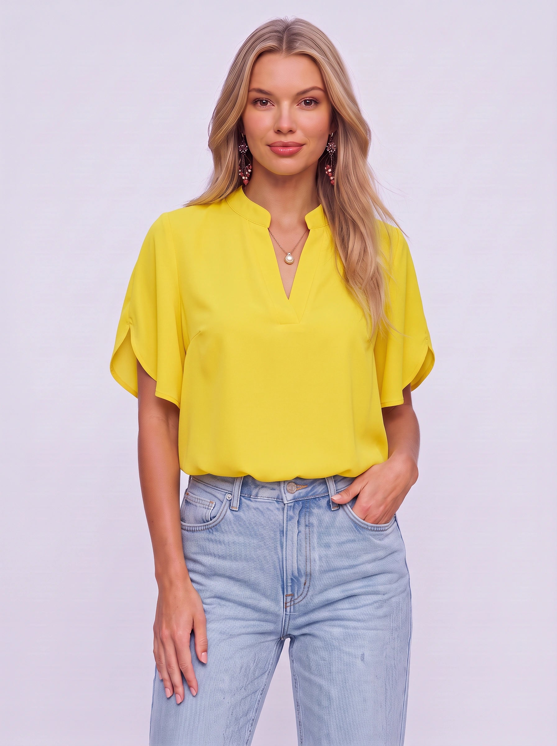 Faltare Oversized V-Neck Blouse – Women Casual Short Sleeve Office Work Summer Relaxed Fit Top