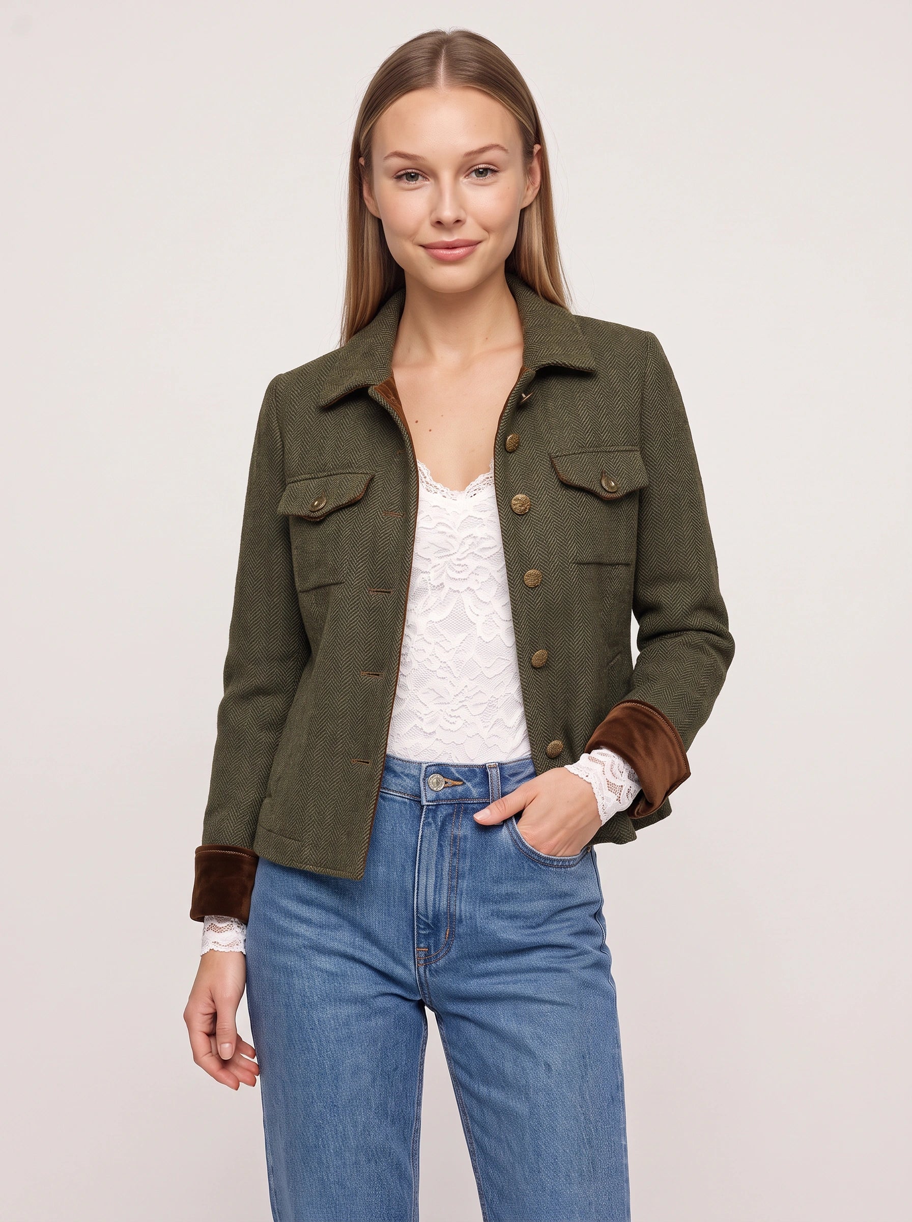 Herbosa Herringbone Utility Jacket – Women Button Front Contrast Trim Casual Summer Blazer