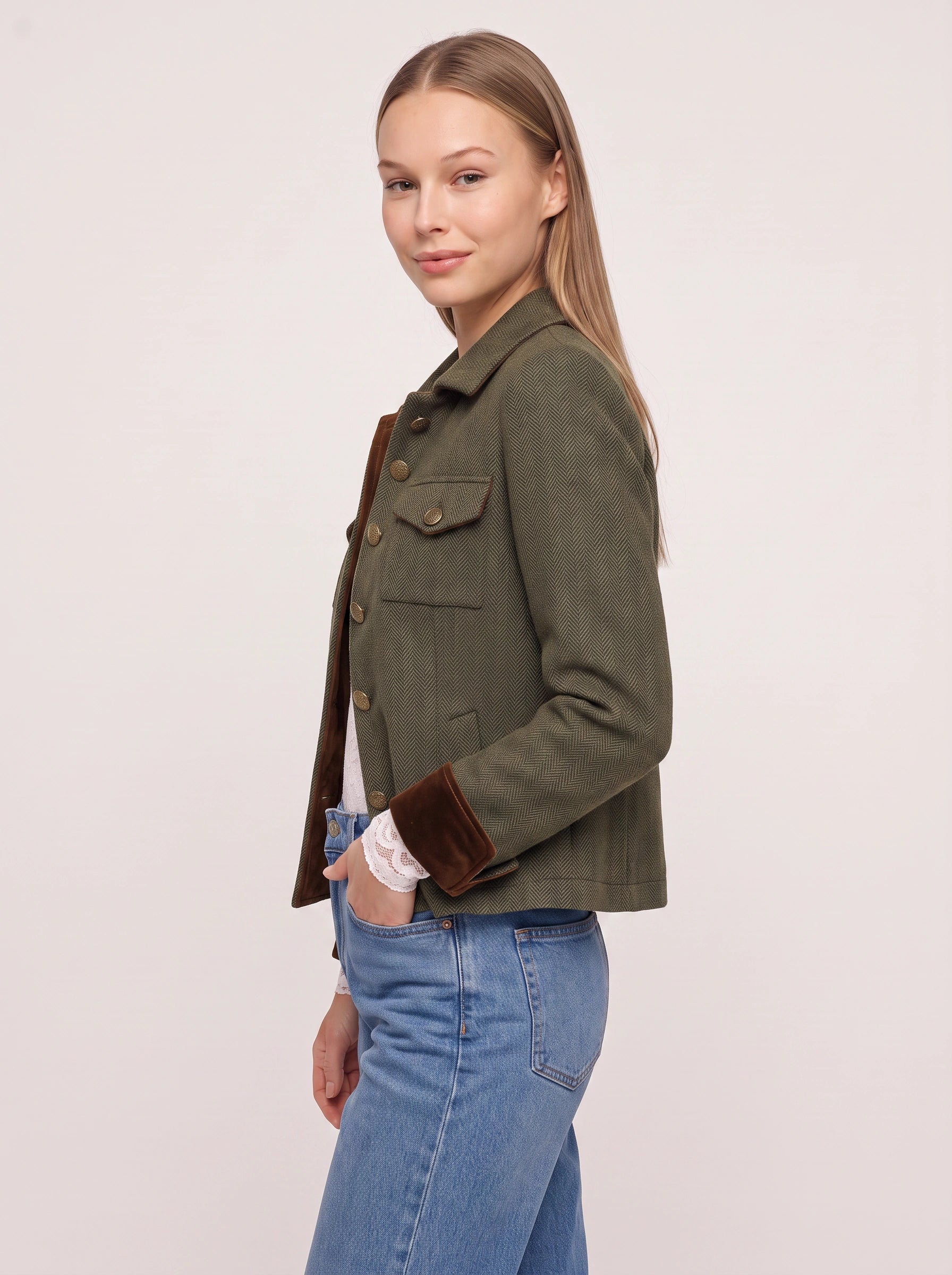 Herbosa Herringbone Utility Jacket – Women Button Front Contrast Trim Casual Summer Blazer