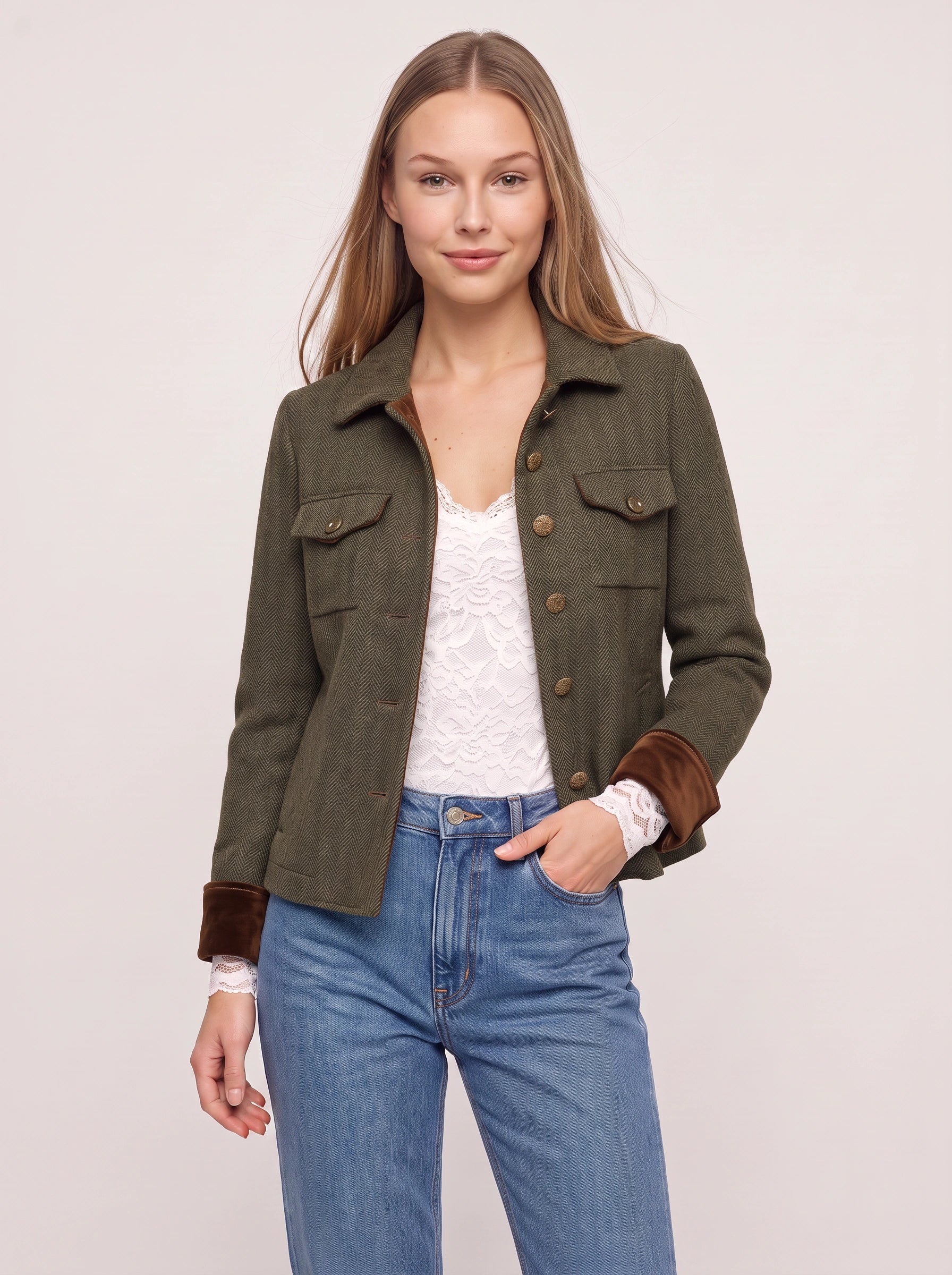 Herbosa Herringbone Utility Jacket – Women Button Front Contrast Trim Casual Summer Blazer