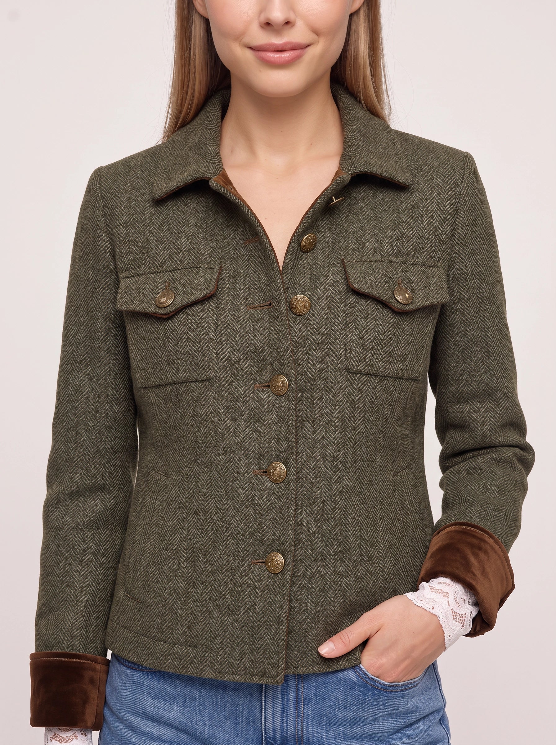 Herbosa Herringbone Utility Jacket – Women Button Front Contrast Trim Casual Summer Blazer