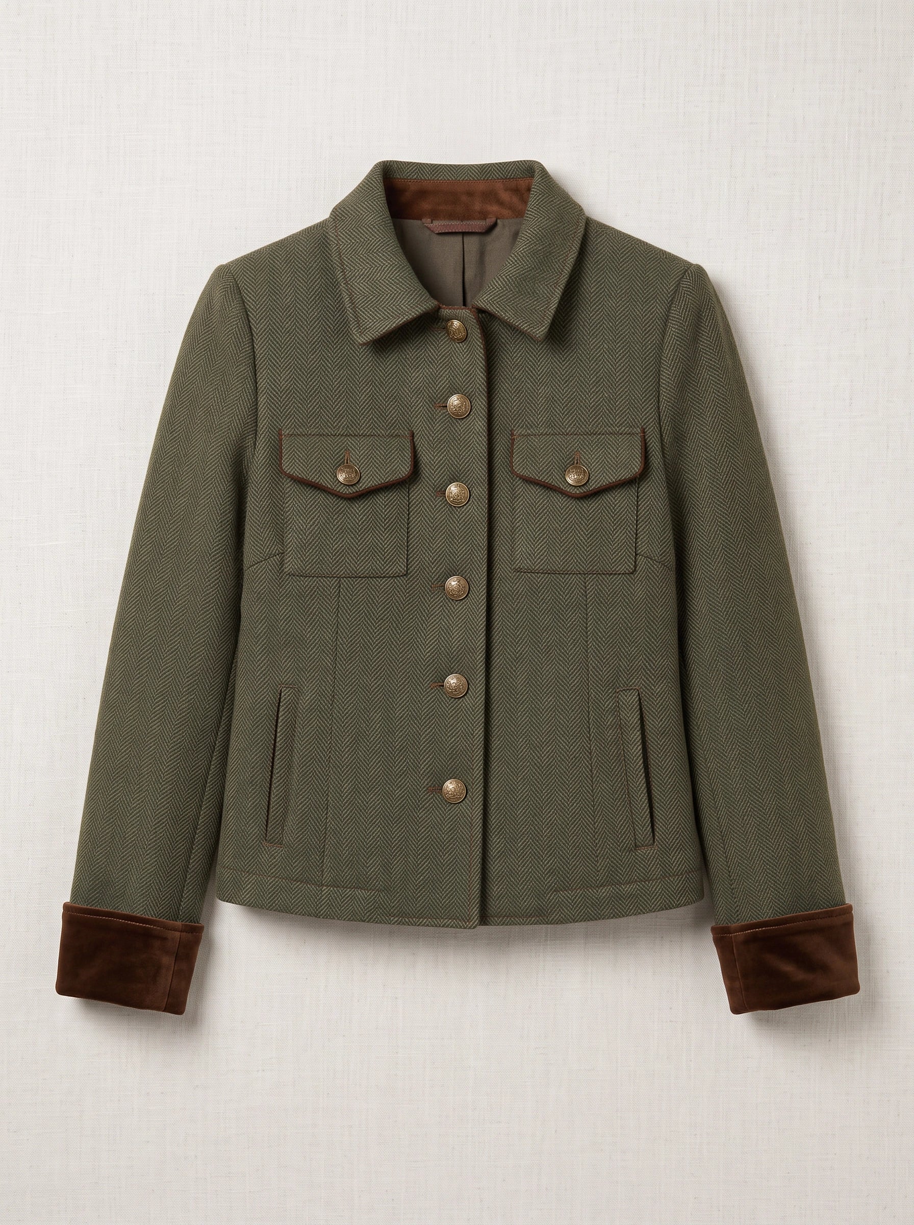 Herbosa Herringbone Utility Jacket – Women Button Front Contrast Trim Casual Summer Blazer