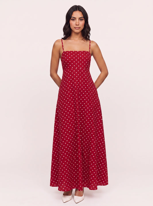 Robe longue à bord festonné Polkavera – robe d’été à pois pour femme, cocktail formel, invitée de mariage