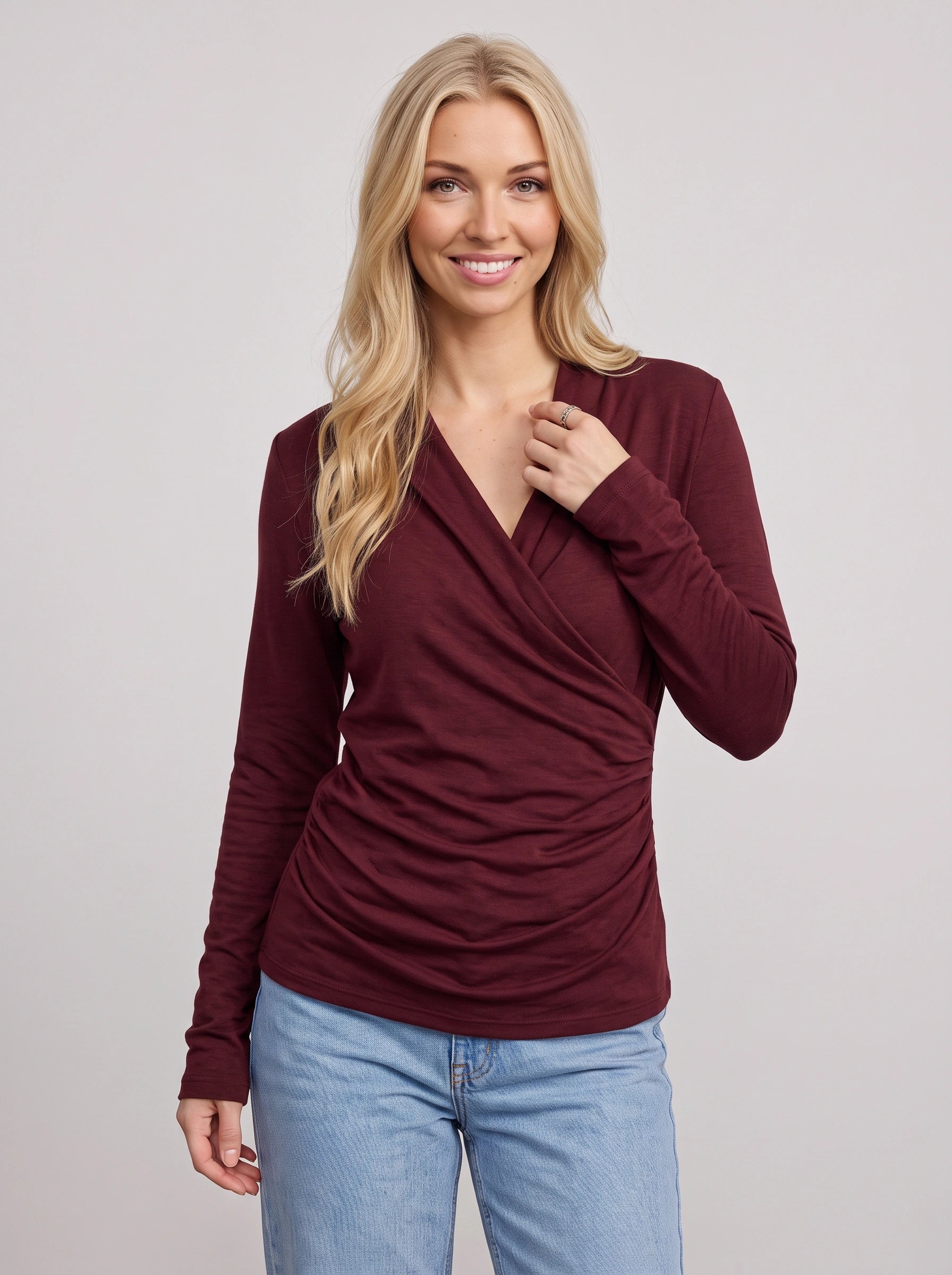 Traversa Draped Wrap Long Sleeve Top – Women Fitted Ruched Blouse Casual Smart Office Jersey Long Sleeve Top
