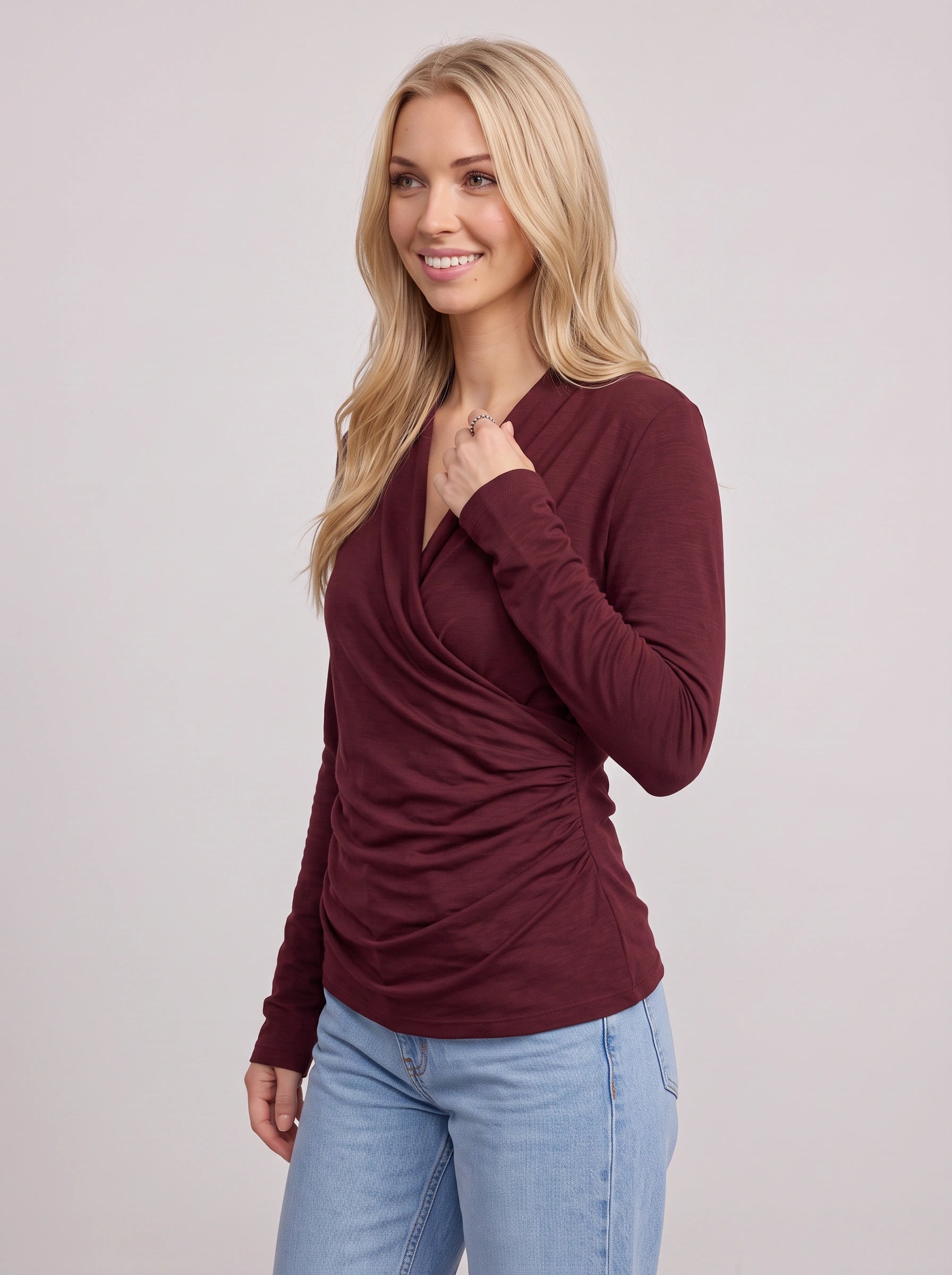Traversa Draped Wrap Long Sleeve Top – Women Fitted Ruched Blouse Casual Smart Office Jersey Long Sleeve Top