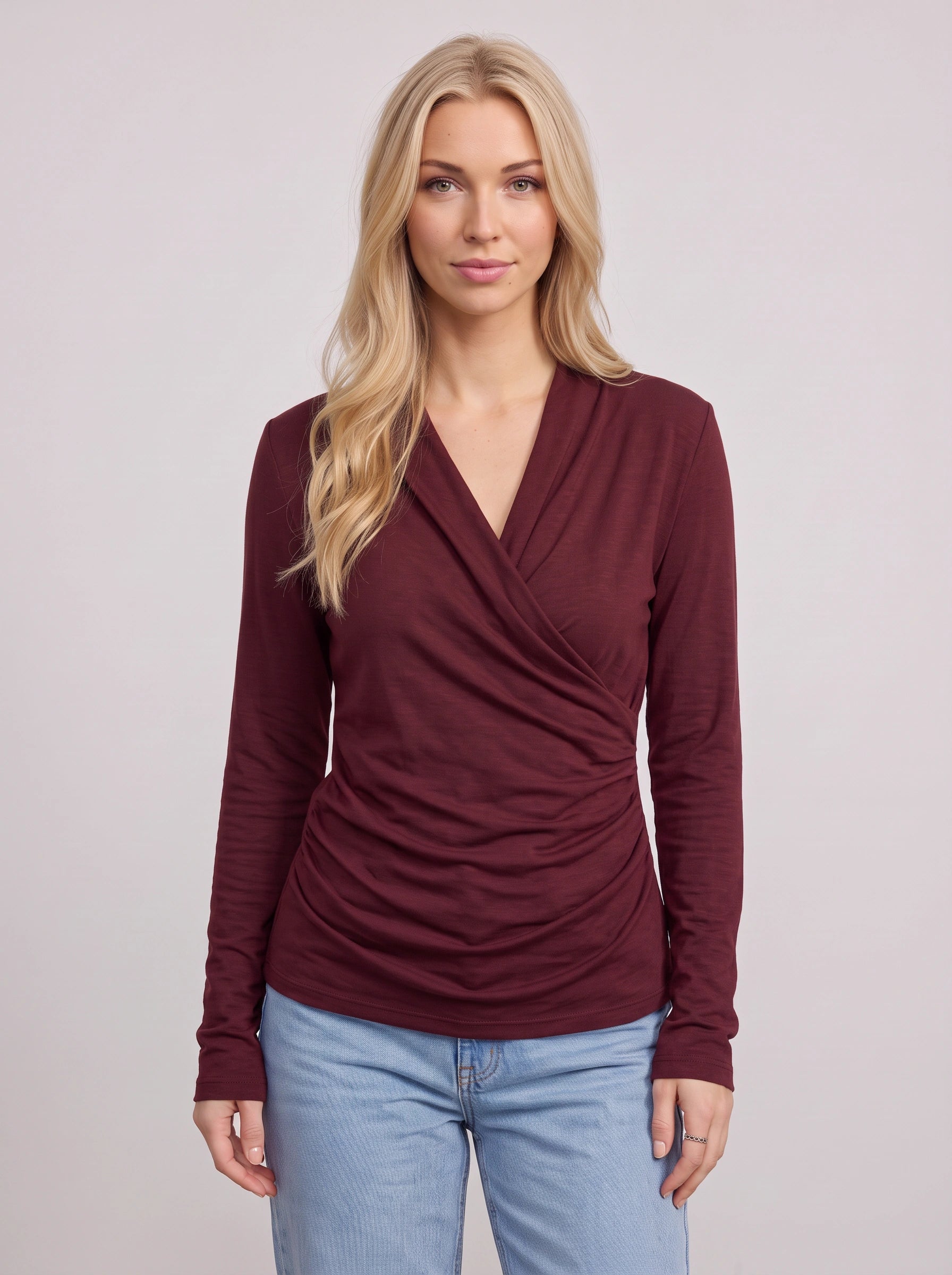 Traversa Draped Wrap Long Sleeve Top – Women Fitted Ruched Blouse Casual Smart Office Jersey Long Sleeve Top