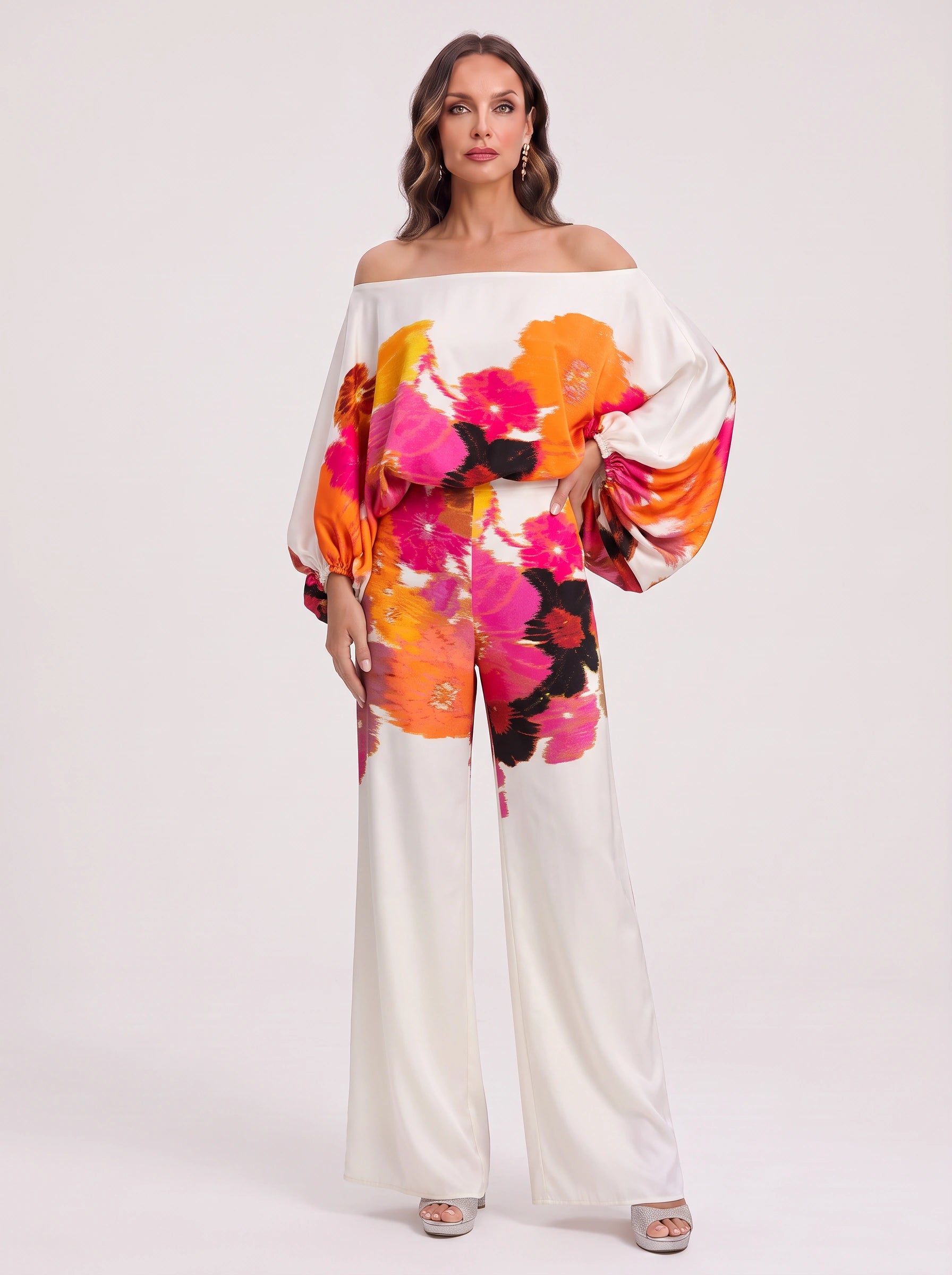 Ondara Off-Shoulder Wide-Leg Trouser Set – Women Summer Vacation Resort Formal Two-Piece Outfit
