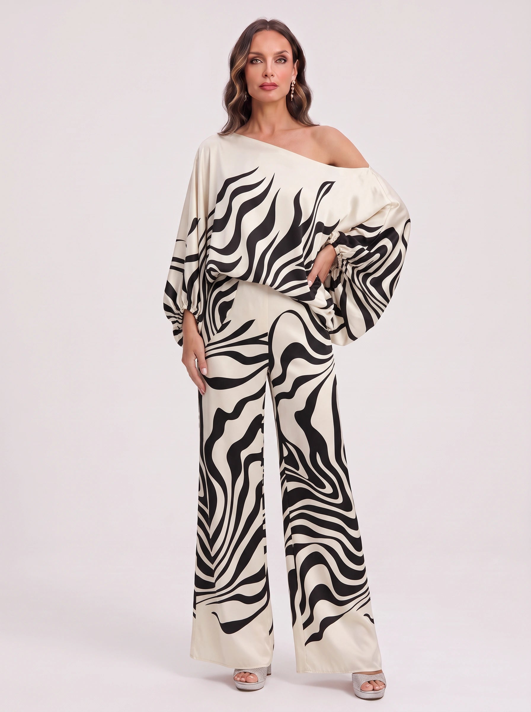 Ondara Off-Shoulder Wide-Leg Trouser Set – Women Summer Vacation Resort Formal Two-Piece Outfit