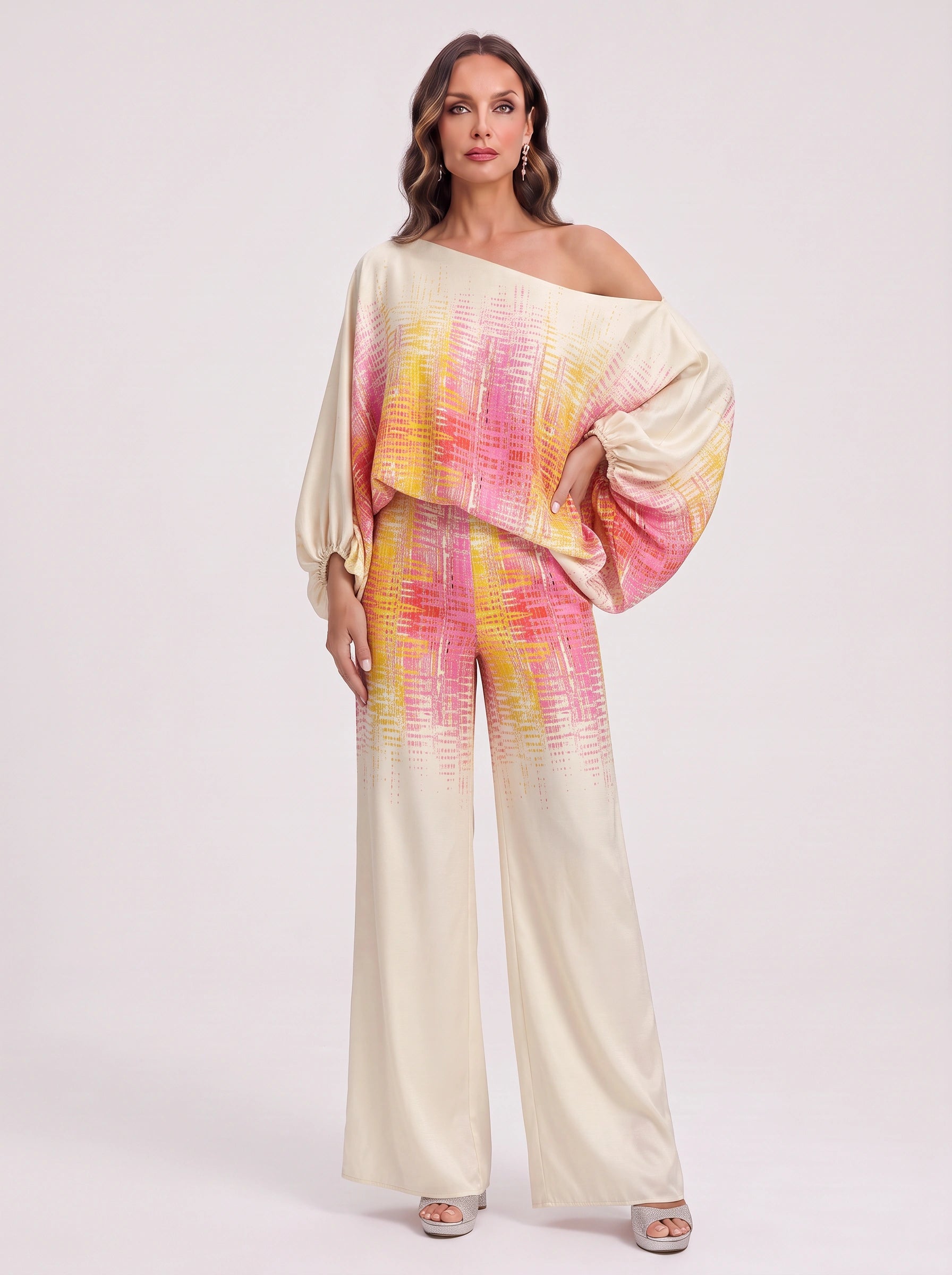 Ondara Off-Shoulder Wide-Leg Trouser Set – Women Summer Vacation Resort Formal Two-Piece Outfit