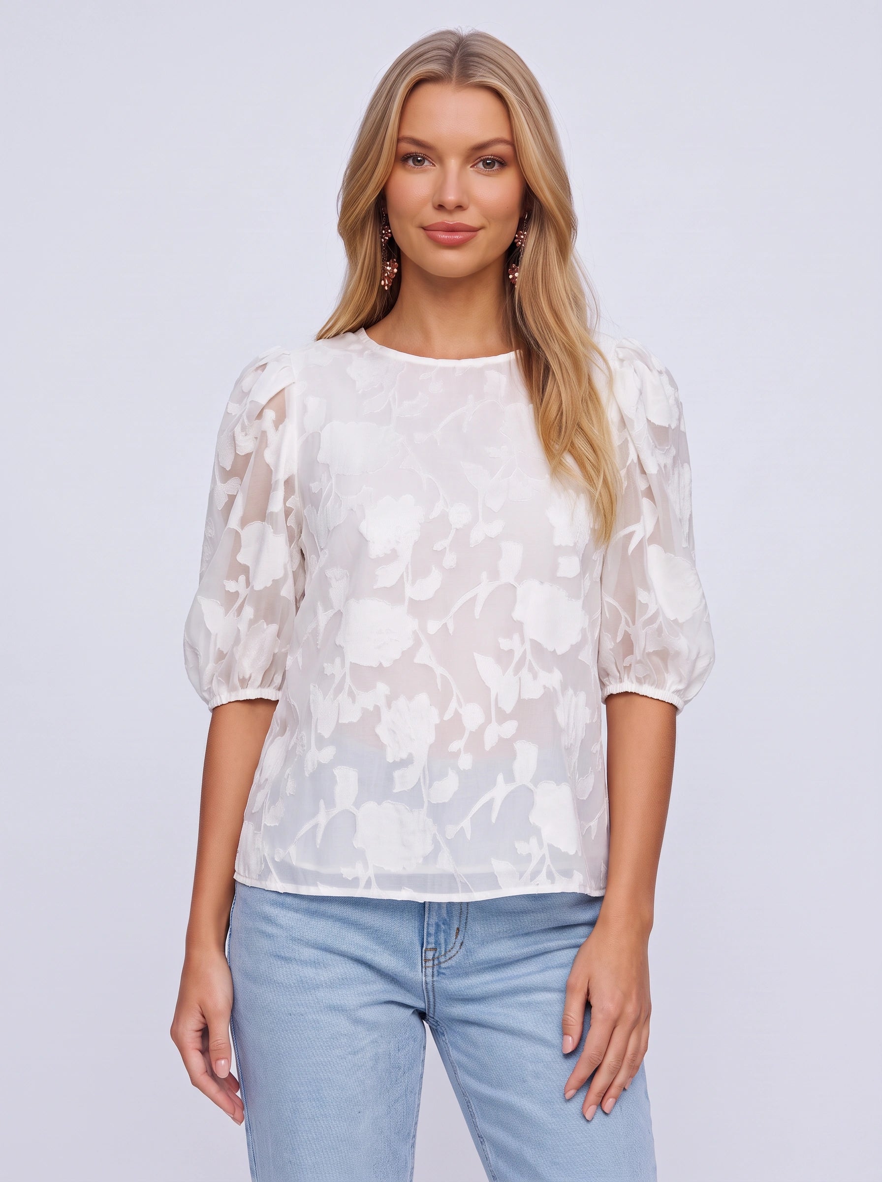 Florisse Puff Sleeve Blouse – Sheer Floral Print Summer Tops Women Dressy Casual Wedding Guest Blouse
