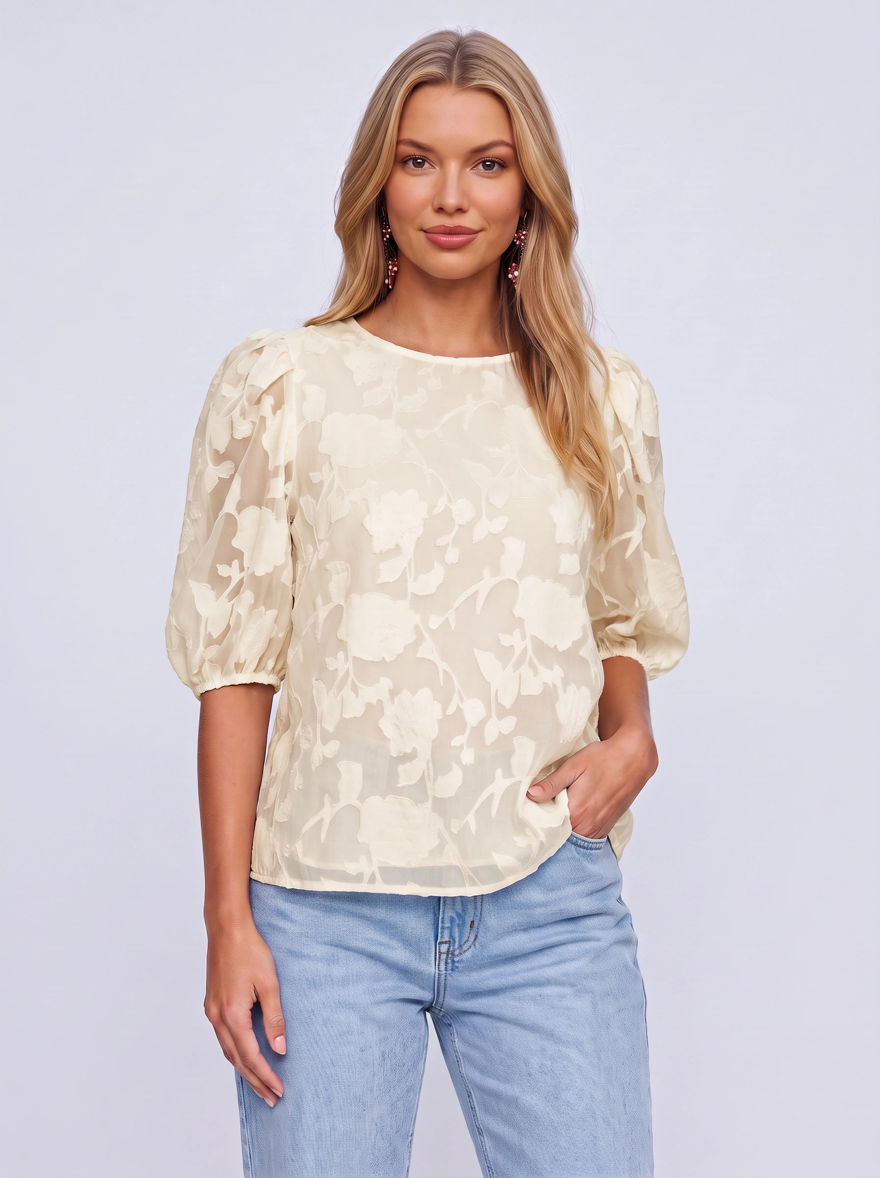 Florisse Puff Sleeve Blouse – Sheer Floral Print Summer Tops Women Dressy Casual Wedding Guest Blouse