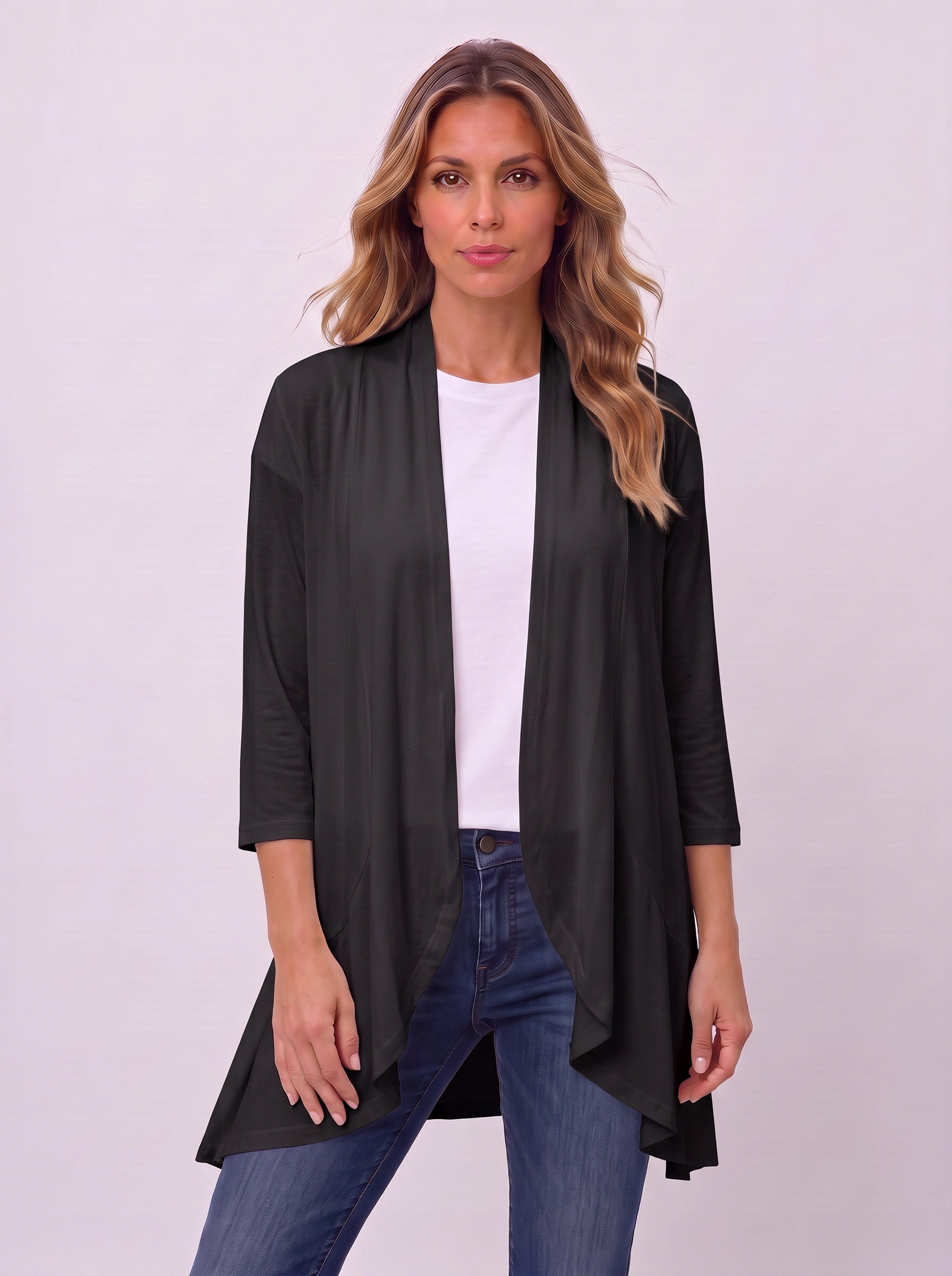 Casketta Open Drape Longline Vest – Women Sleeveless Casual Layering Shawl Waterfall Cardigan
