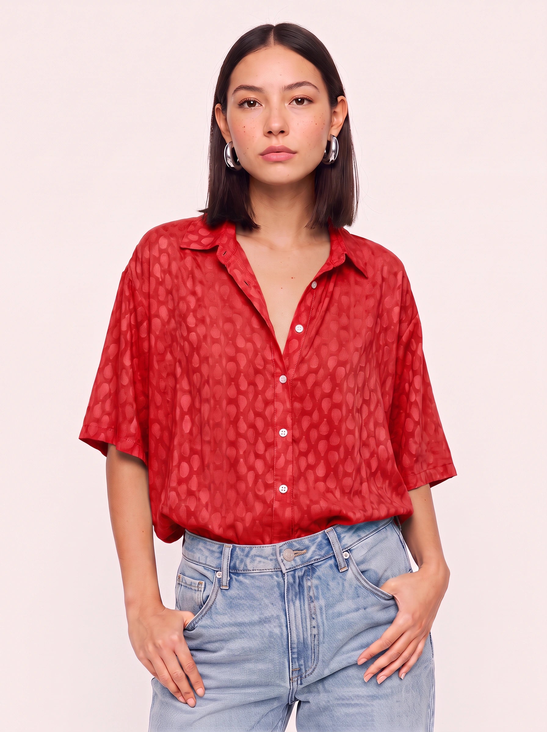 Cielmist Oversized Button-Down Blouse – Women Relaxed Fit Short Sleeve Summer Casual Shirt Top