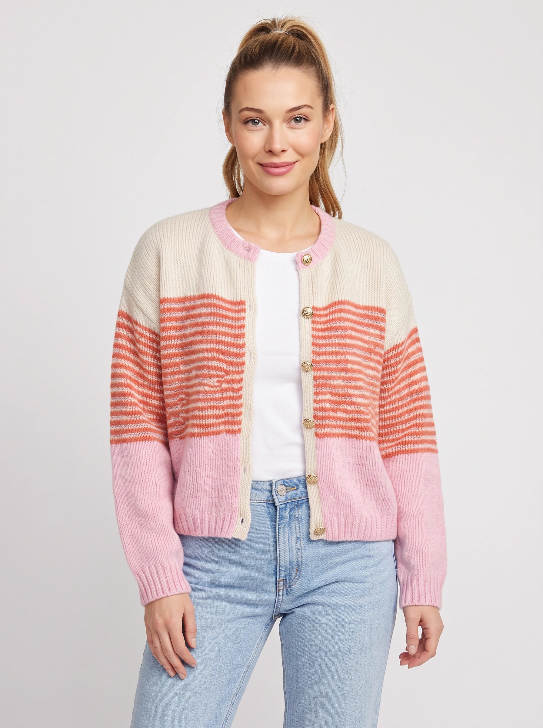 Sorlina Striped Colorblock Cardigan – Women Relaxed Button Front Summer Lightweight Knit Cardigan