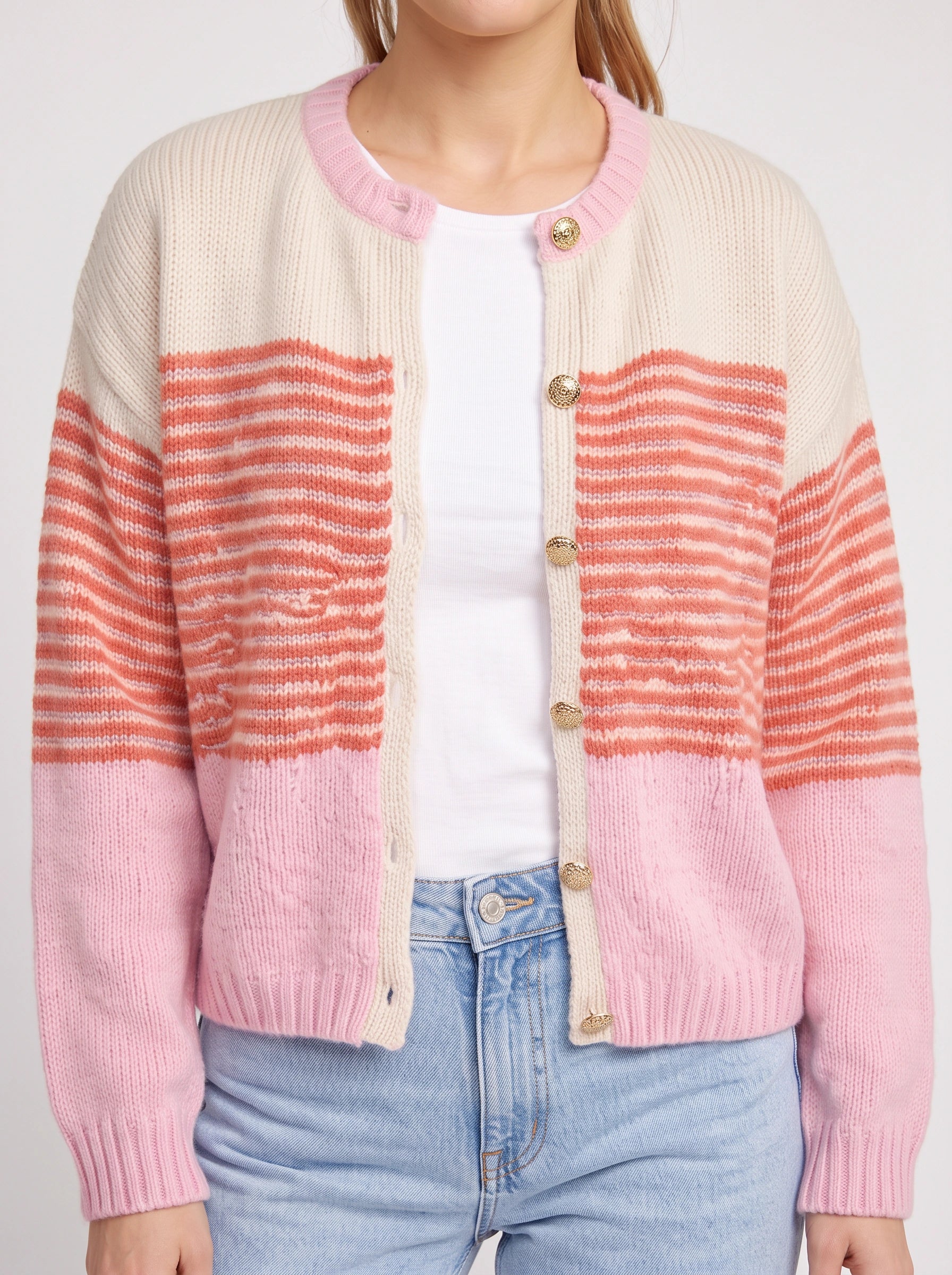Sorlina Striped Colorblock Cardigan – Women Relaxed Button Front Summer Lightweight Knit Cardigan