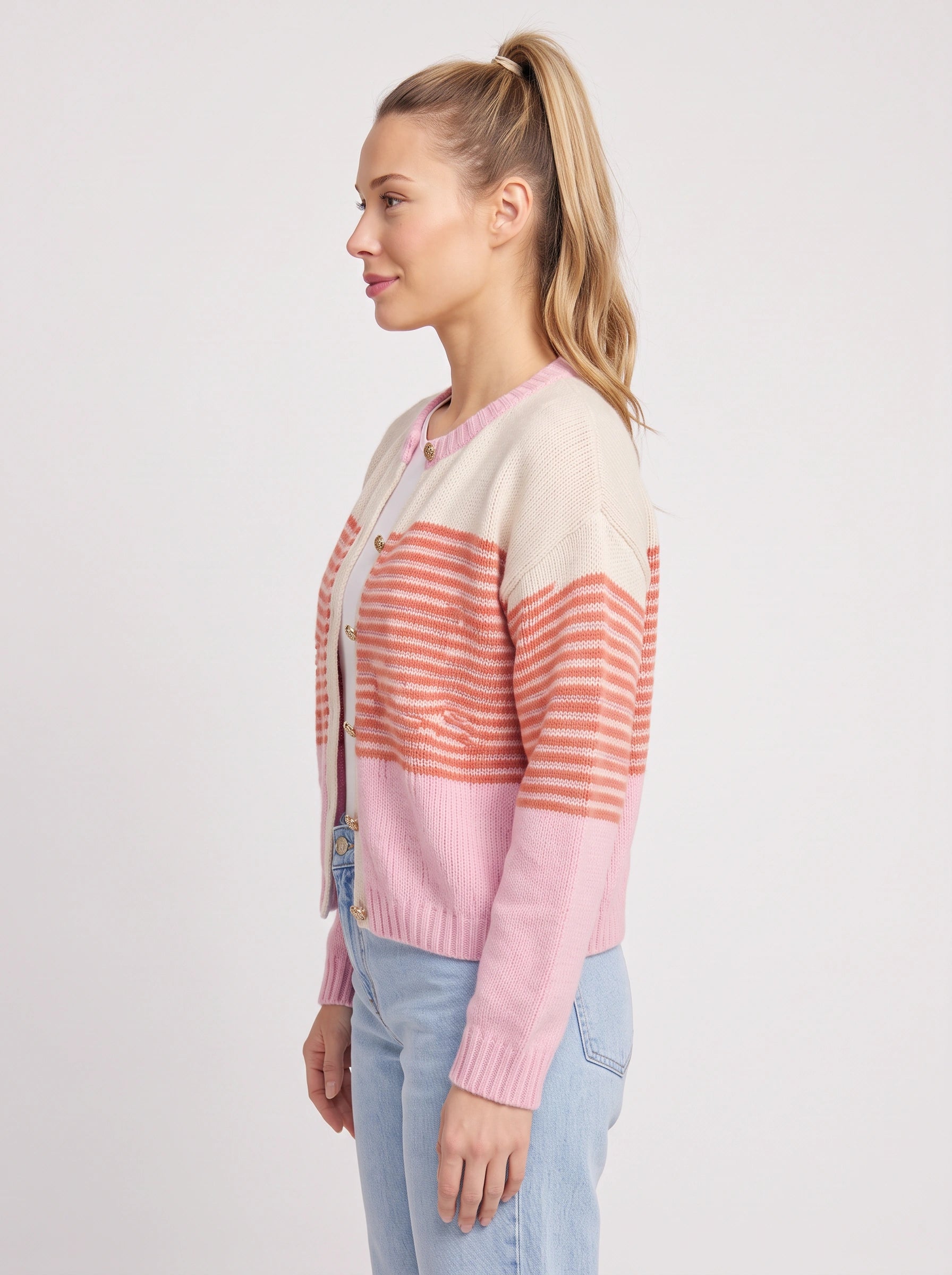 Sorlina Striped Colorblock Cardigan – Women Relaxed Button Front Summer Lightweight Knit Cardigan