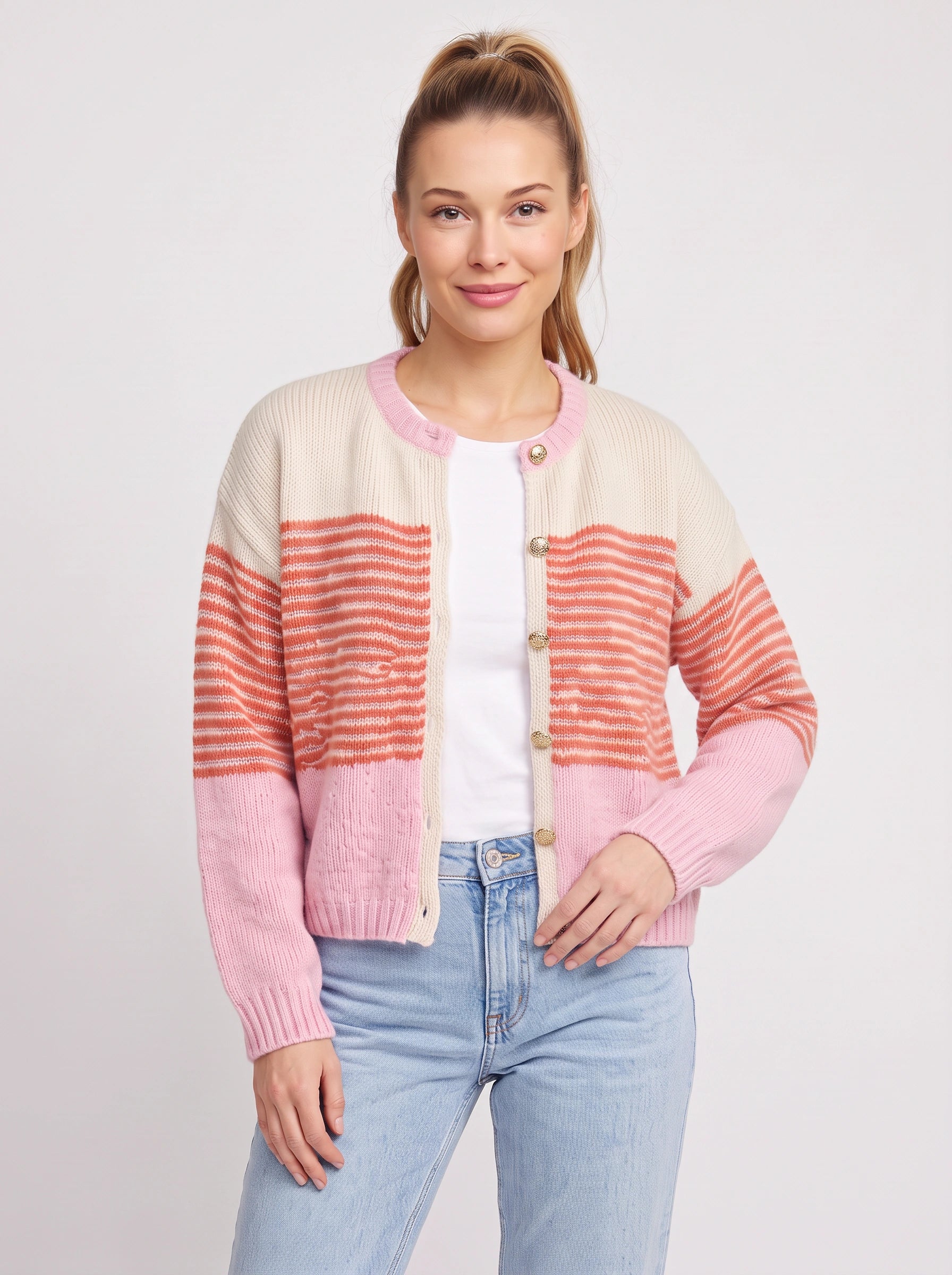 Sorlina Striped Colorblock Cardigan – Women Relaxed Button Front Summer Lightweight Knit Cardigan