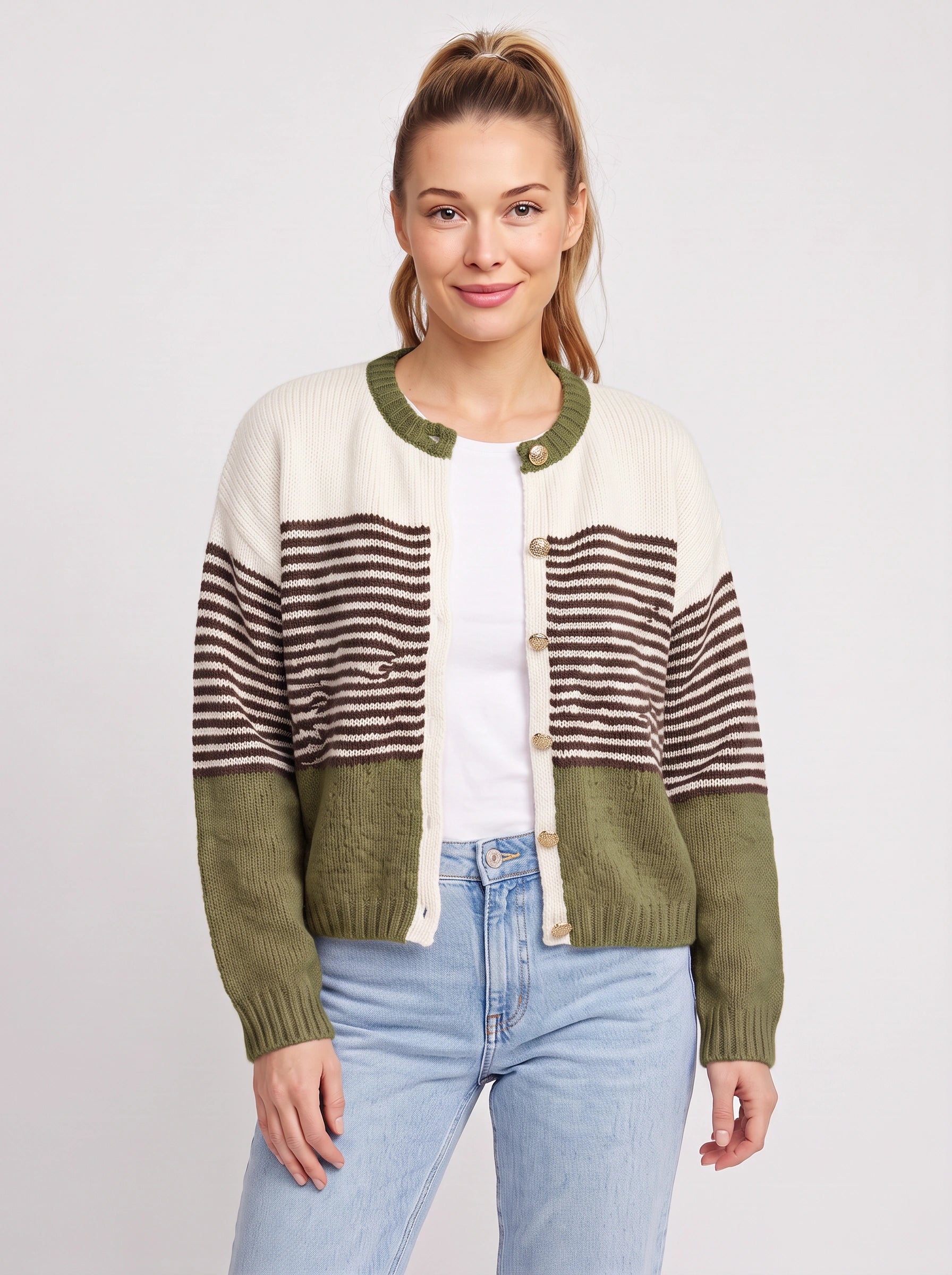 Sorlina Striped Colorblock Cardigan – Women Relaxed Button Front Summer Lightweight Knit Cardigan