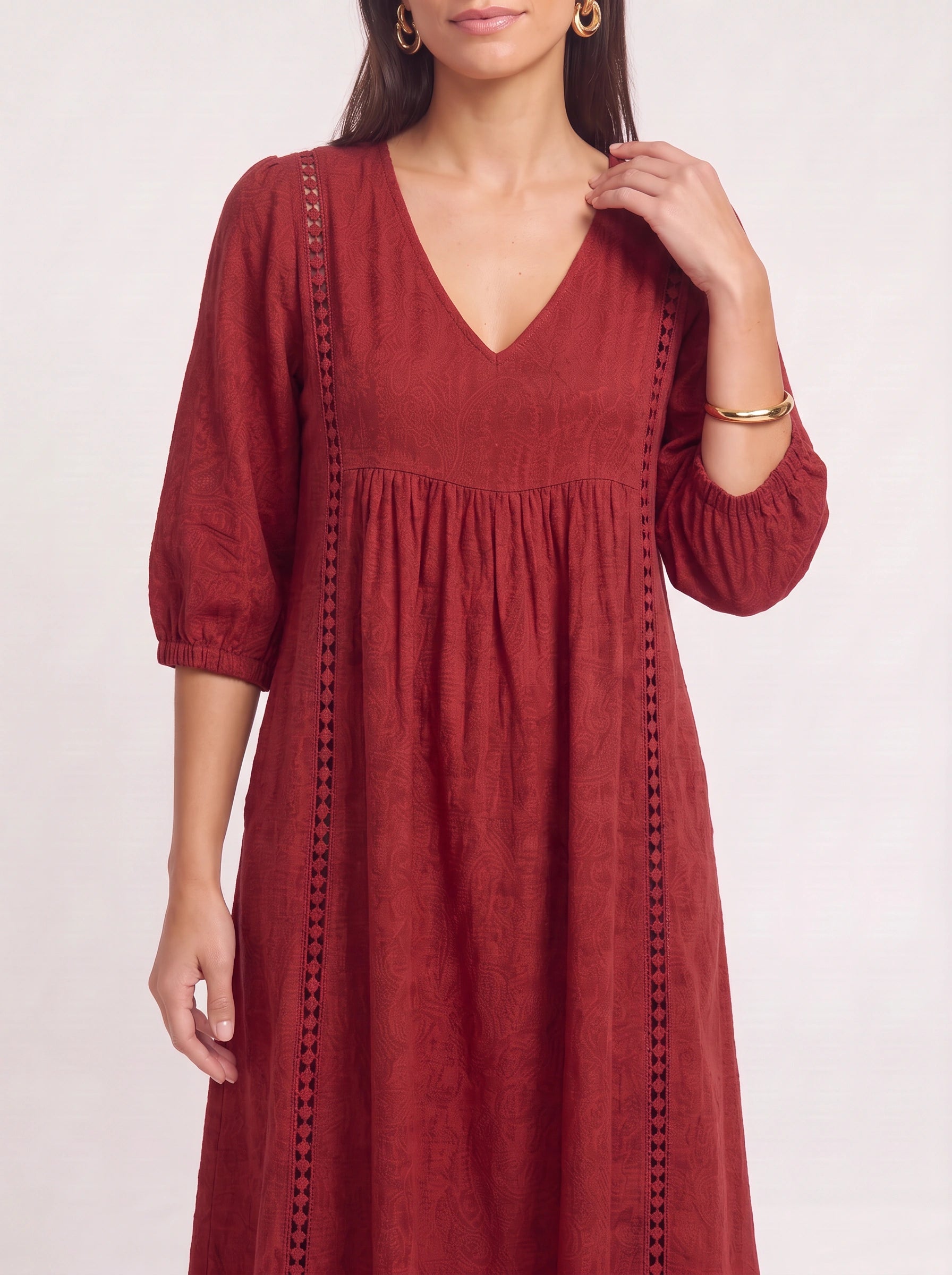 Cassenne Lace Trim Midi Dress – Bohemian Women Boho Sundress Textured Cotton Vacation Beach Casual Midi Dress