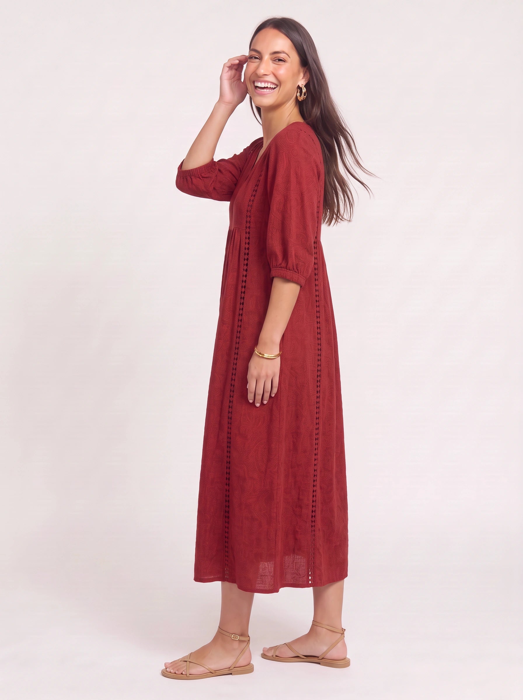 Cassenne Lace Trim Midi Dress – Bohemian Women Boho Sundress Textured Cotton Vacation Beach Casual Midi Dress