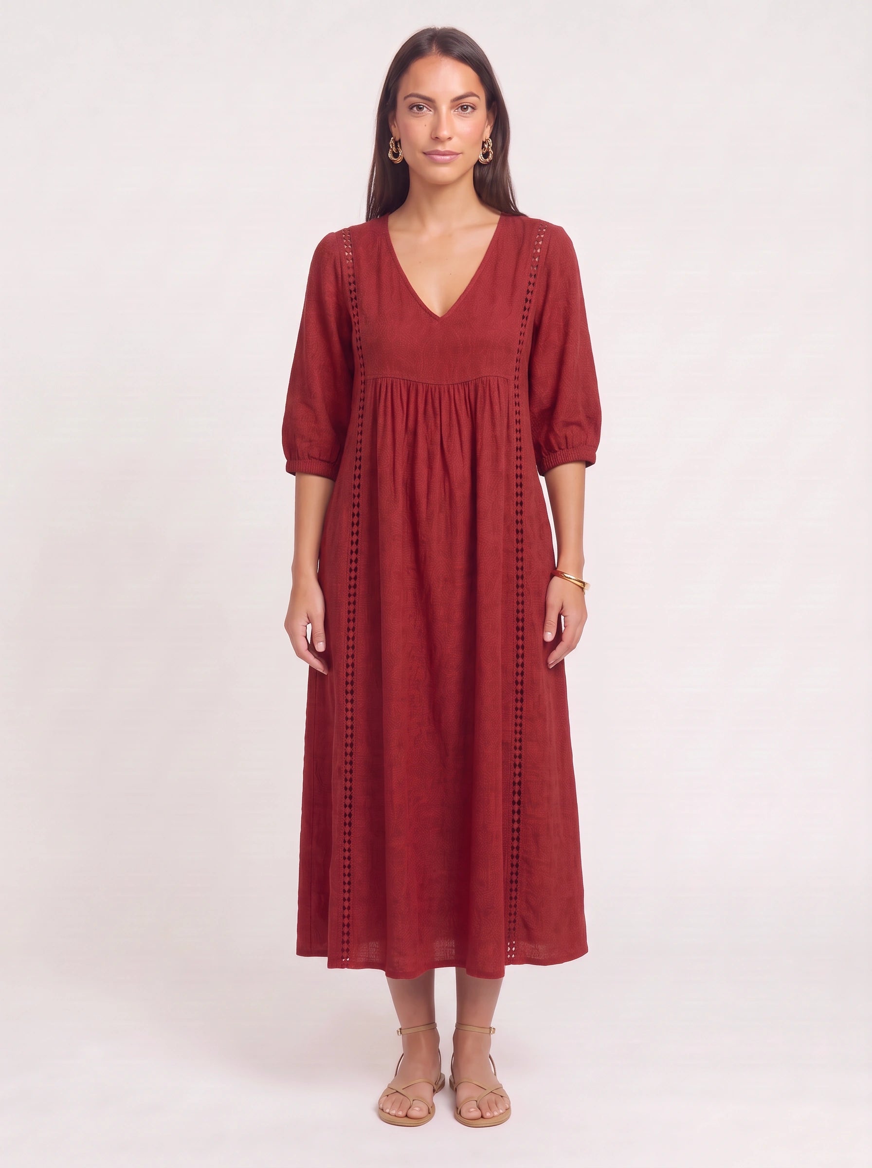Cassenne Lace Trim Midi Dress – Bohemian Women Boho Sundress Textured Cotton Vacation Beach Casual Midi Dress
