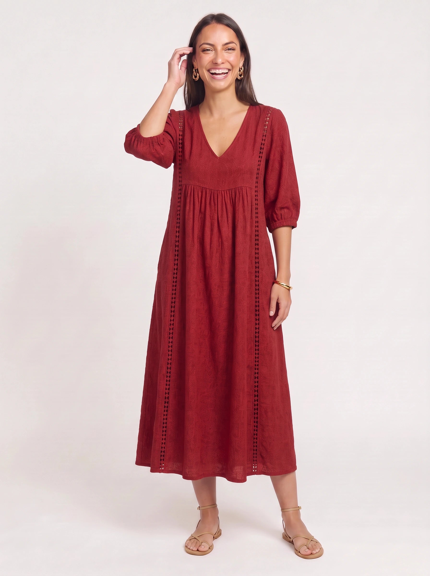 Cassenne Lace Trim Midi Dress – Bohemian Women Boho Sundress Textured Cotton Vacation Beach Casual Midi Dress