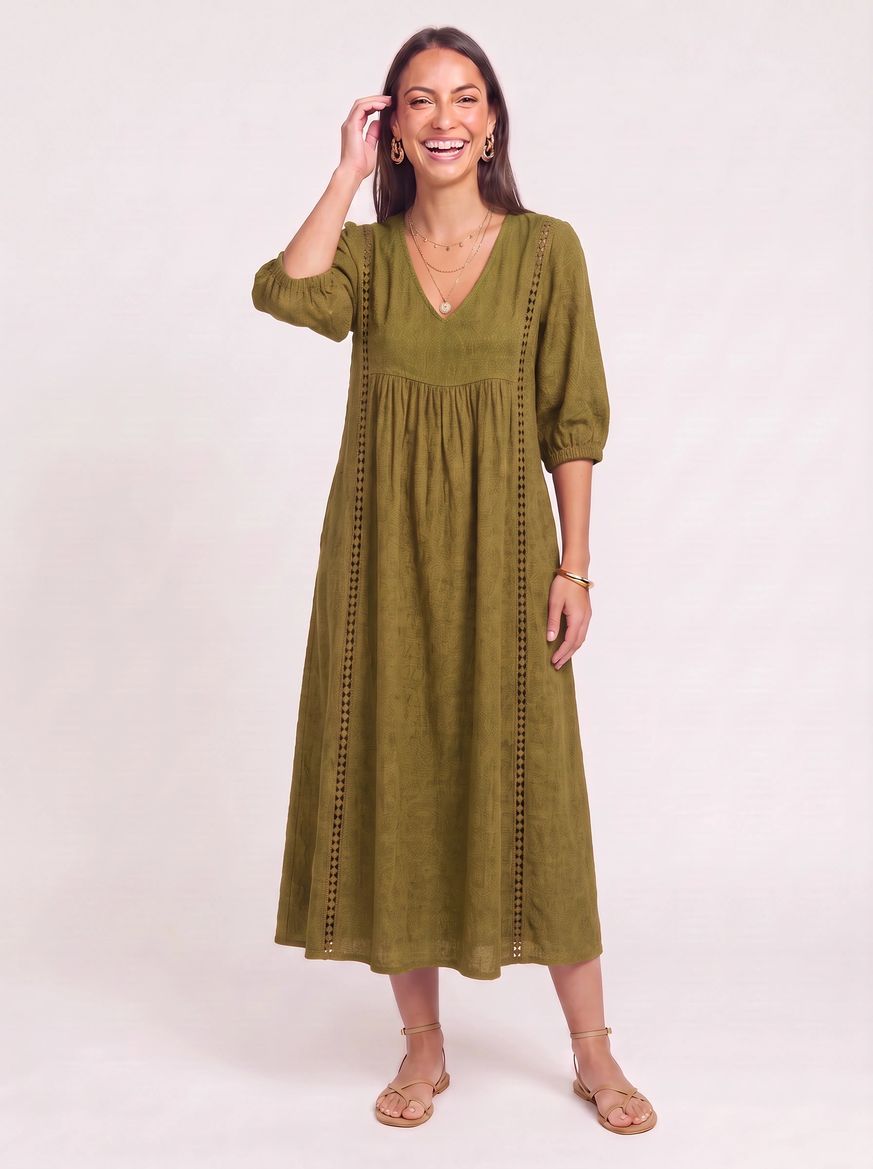 Cassenne Lace Trim Midi Dress – Bohemian Women Boho Sundress Textured Cotton Vacation Beach Casual Midi Dress