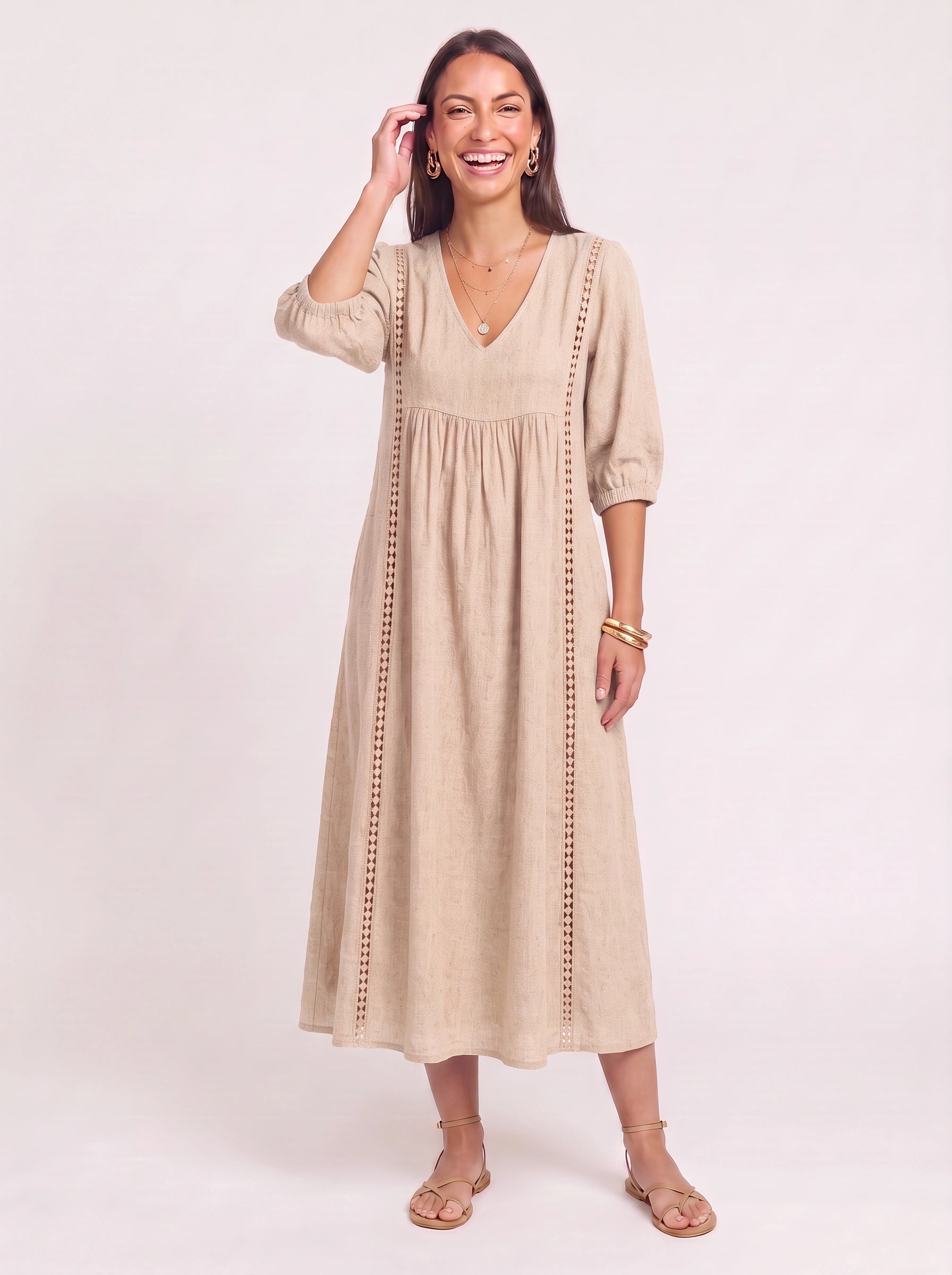 Cassenne Lace Trim Midi Dress – Bohemian Women Boho Sundress Textured Cotton Vacation Beach Casual Midi Dress