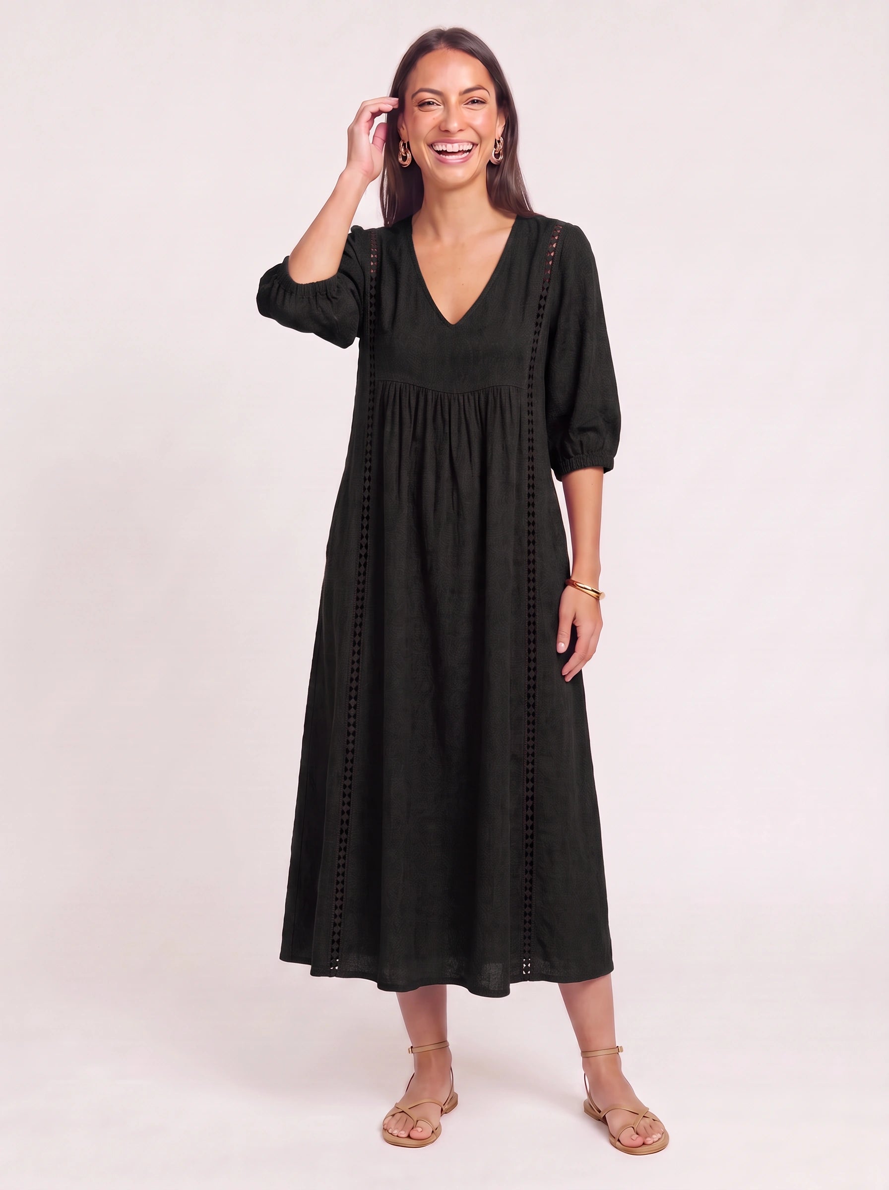 Cassenne Lace Trim Midi Dress – Bohemian Women Boho Sundress Textured Cotton Vacation Beach Casual Midi Dress