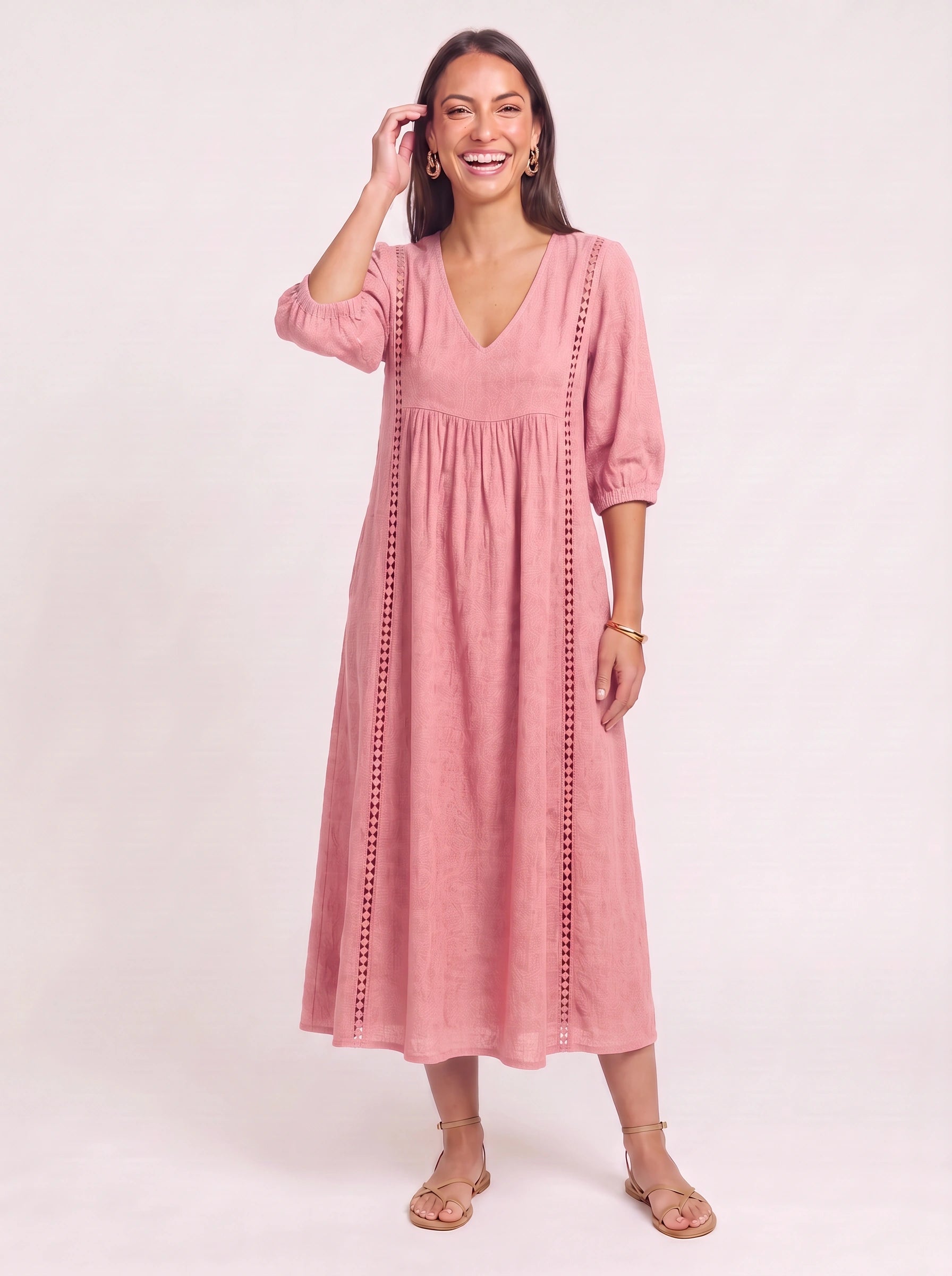Cassenne Lace Trim Midi Dress – Bohemian Women Boho Sundress Textured Cotton Vacation Beach Casual Midi Dress