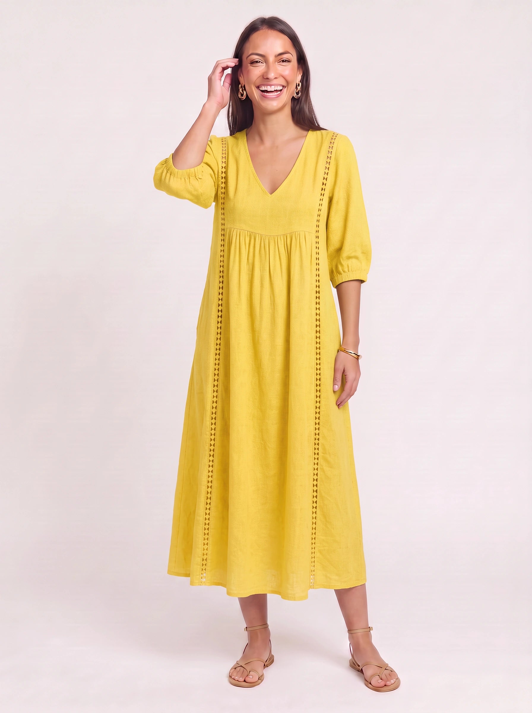 Cassenne Lace Trim Midi Dress – Bohemian Women Boho Sundress Textured Cotton Vacation Beach Casual Midi Dress