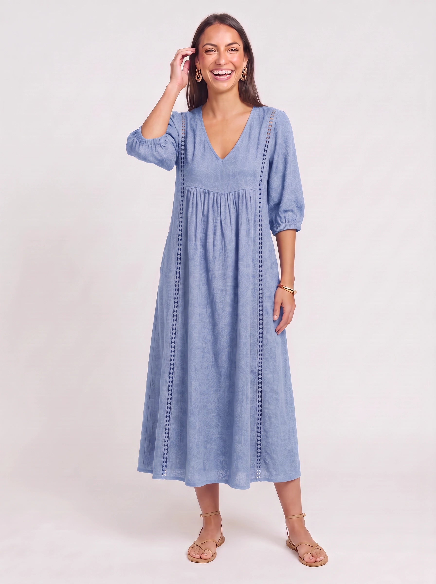 Cassenne Lace Trim Midi Dress – Bohemian Women Boho Sundress Textured Cotton Vacation Beach Casual Midi Dress