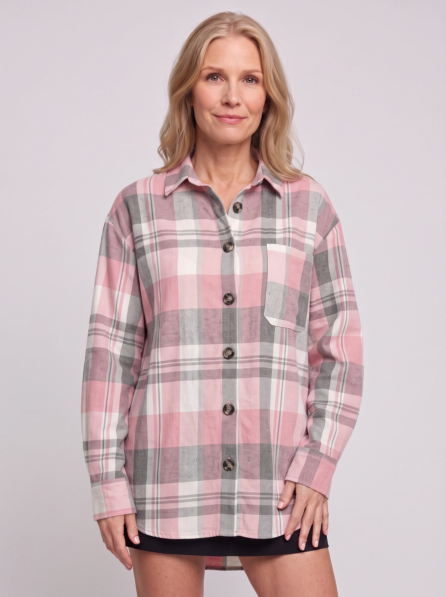 Gridara Oversized Button-Down Shirt – Plaid Blouse Women Long Sleeve Casual Relaxed Fit Collared Shirt