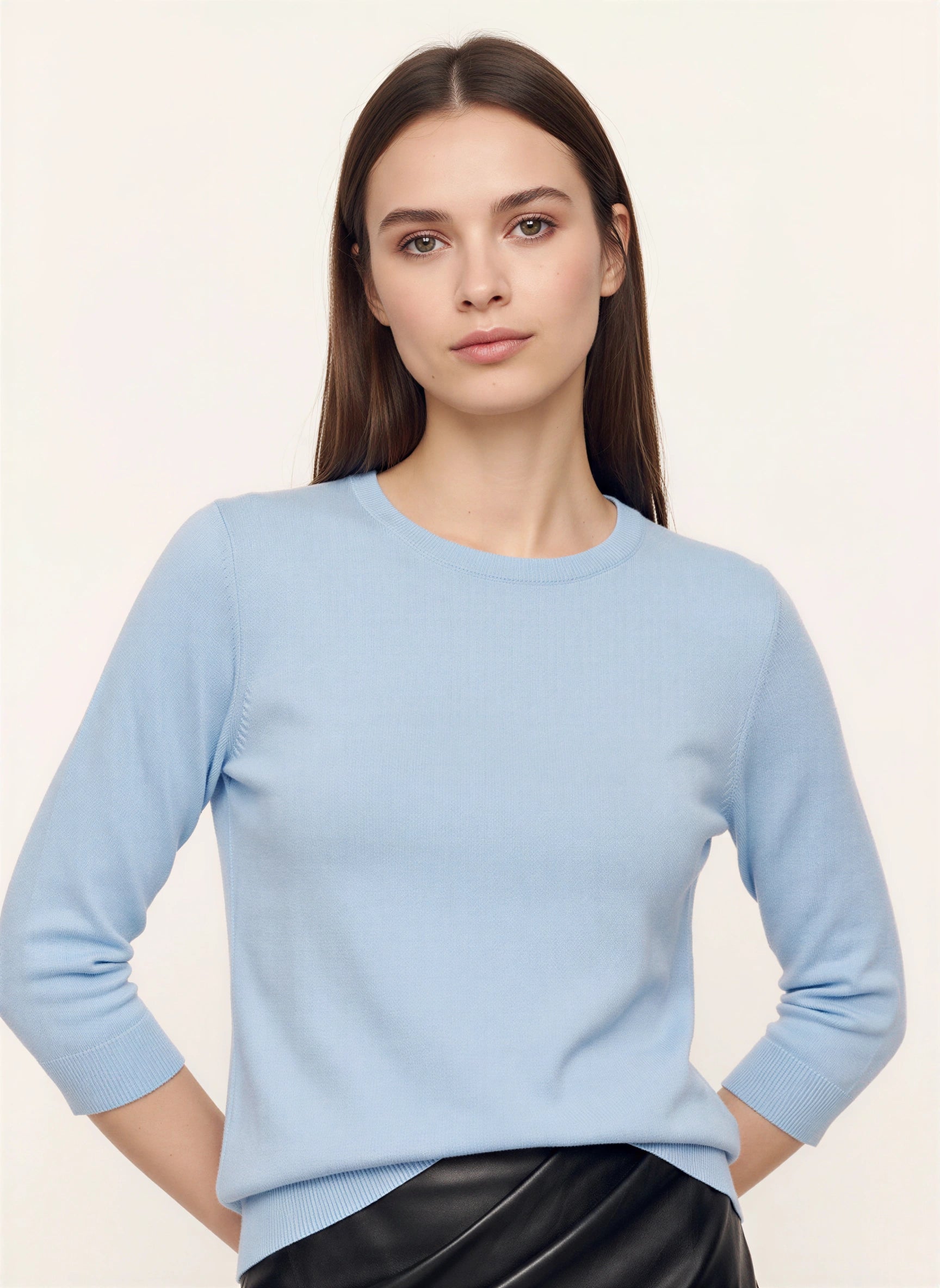Ciela Ribbed Crewneck Sweater – Knit Sweater Women Three Quarter Sleeve Lightweight Casual Top