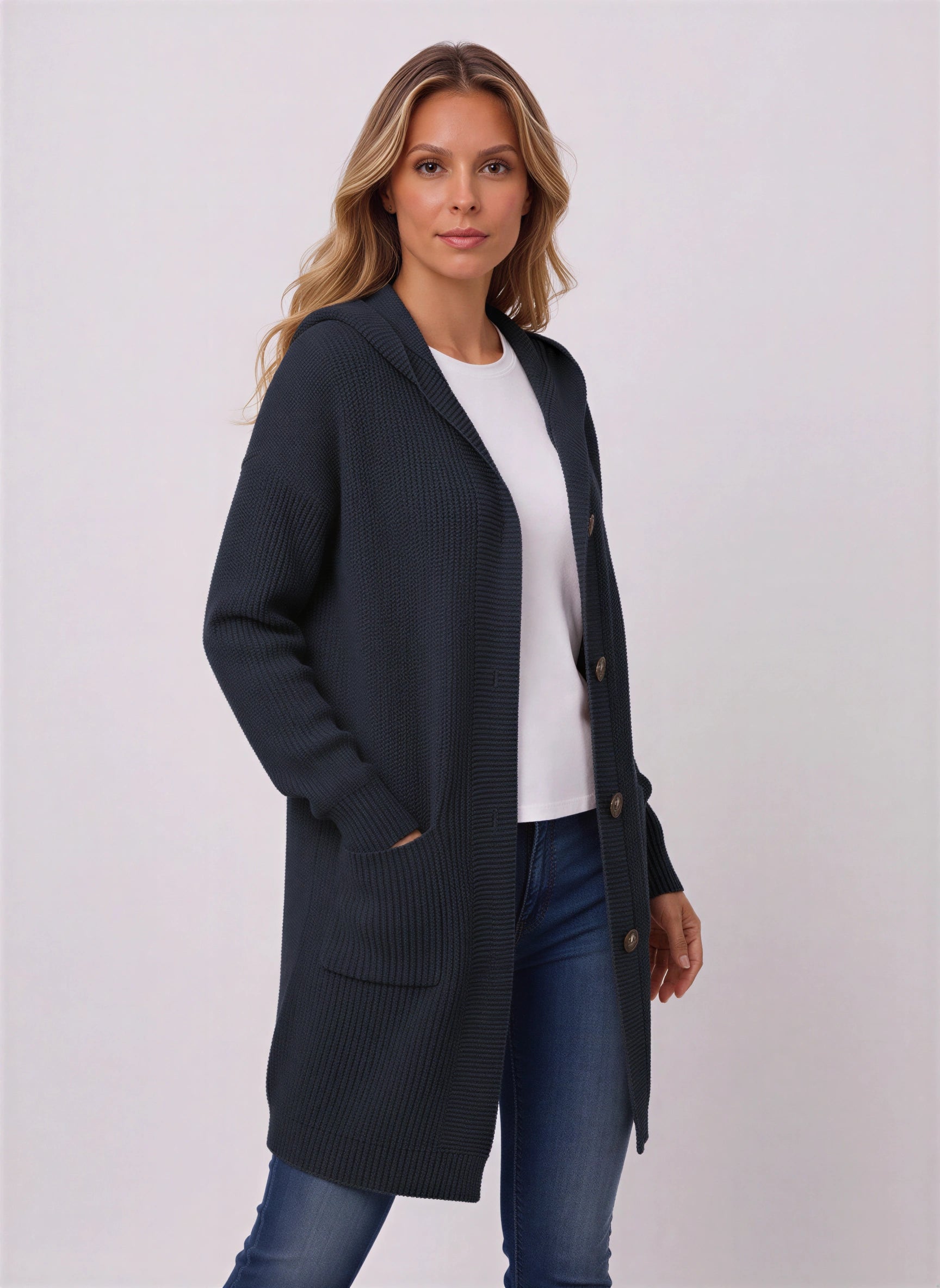 Rivetta Ribbed Longline Cardigan – Women Long Sleeve Knit Coatigan Hooded Casual Everyday Cardigan